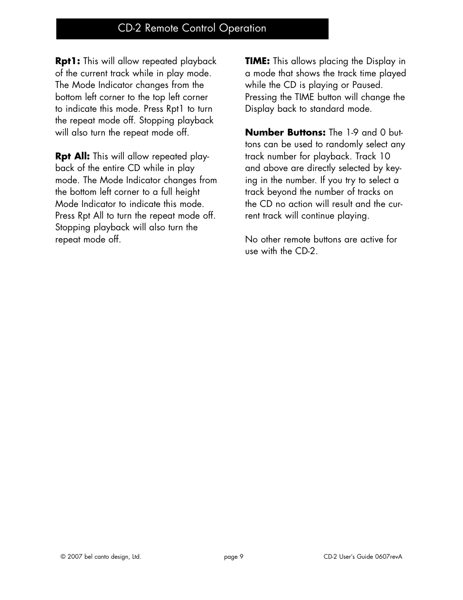 Cd-2 remote control operation | Bel Canto Design CD-2 User Manual | Page 8 / 15