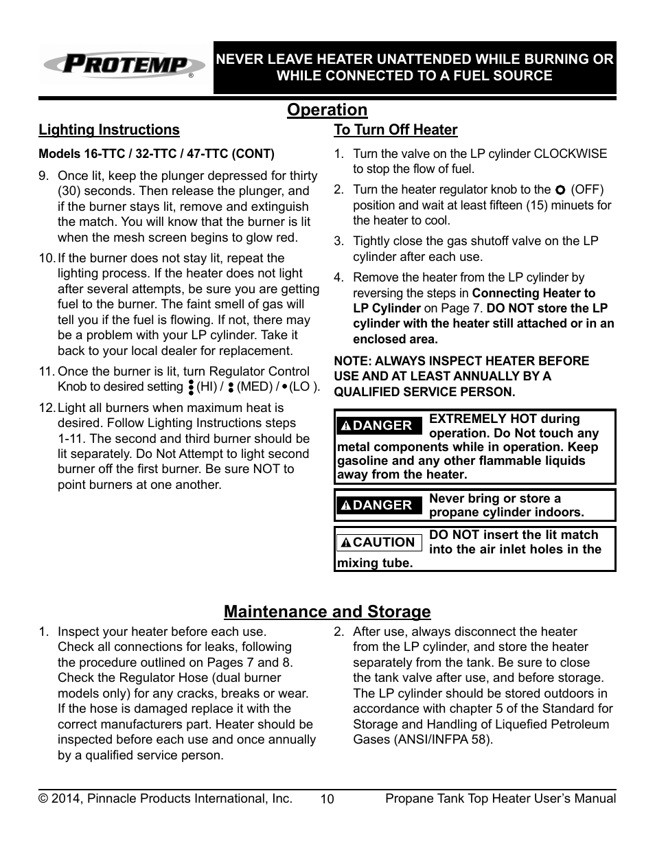 Operation, Maintenance and storage | ProTemp PT-32-TTC User Manual | Page 11 / 16