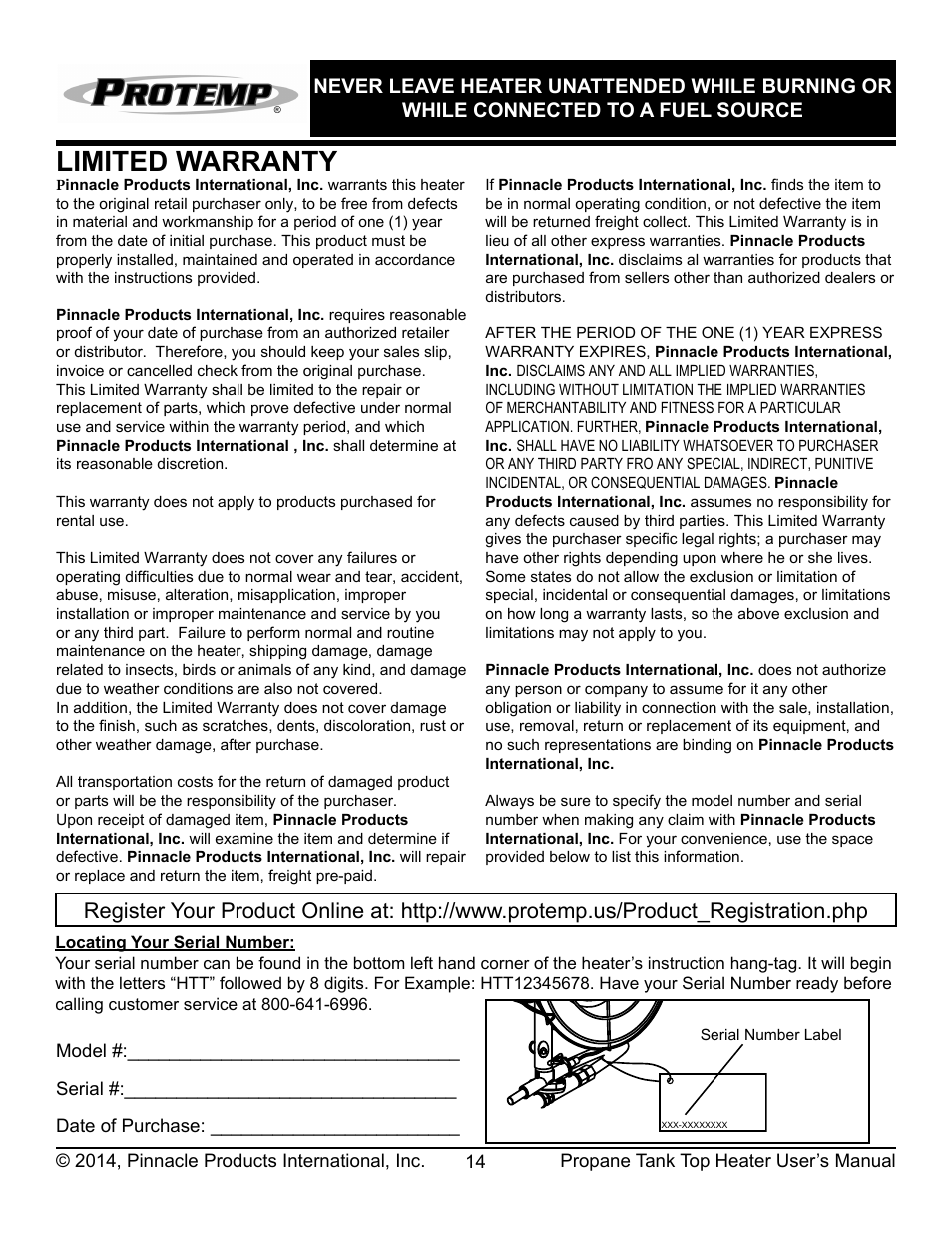 Limited warranty | ProTemp PT-32-TTC User Manual | Page 15 / 16