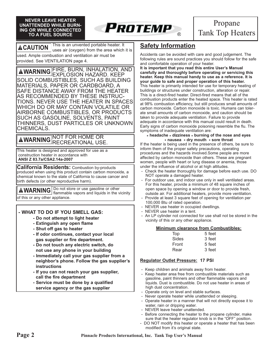 Propane tank top heaters, Warning, Caution | Page 2, Safety information | ProTemp PT-47-TTC User Manual | Page 2 / 8