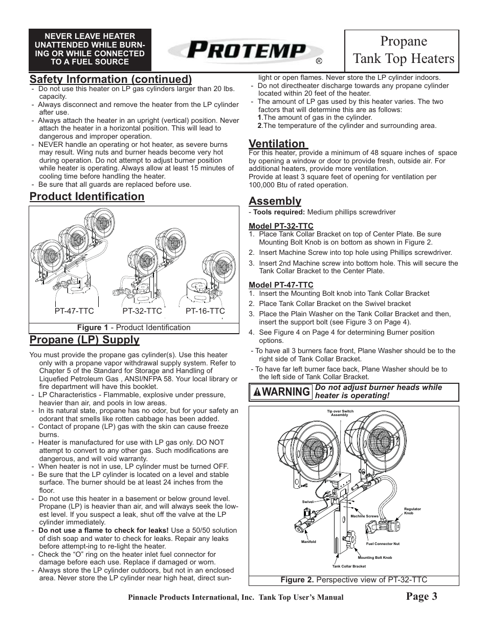 Propane tank top heaters, Warning, Safety information (continued) | Propane (lp) supply, Ventilation, Assembly, Page 3 product identification | ProTemp PT-47-TTC User Manual | Page 3 / 8