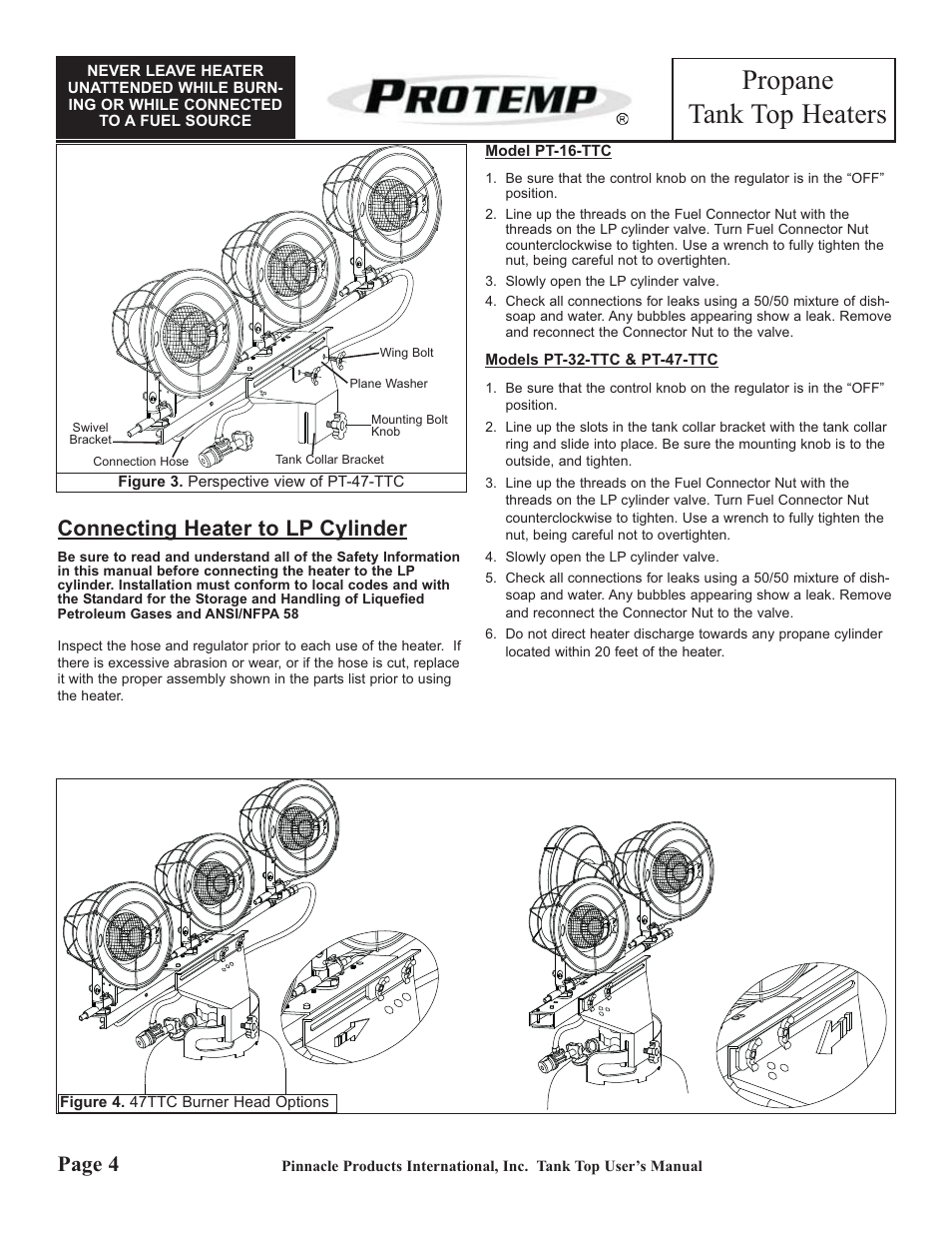 Propane tank top heaters, Page 4, Connecting heater to lp cylinder | ProTemp PT-47-TTC User Manual | Page 4 / 8