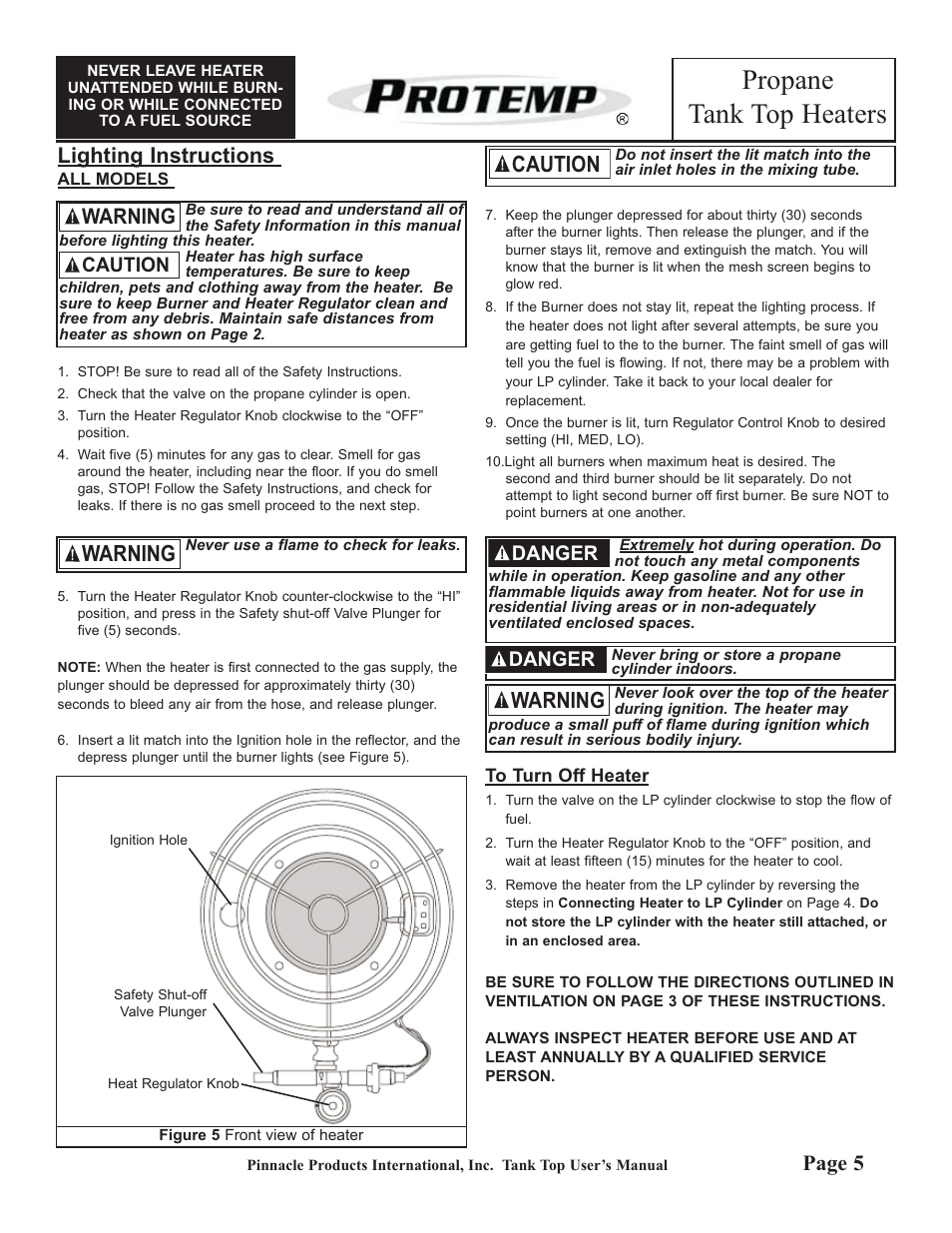 Propane tank top heaters, Warning, Caution | Lighting instructions, Page 5, Danger | ProTemp PT-47-TTC User Manual | Page 5 / 8