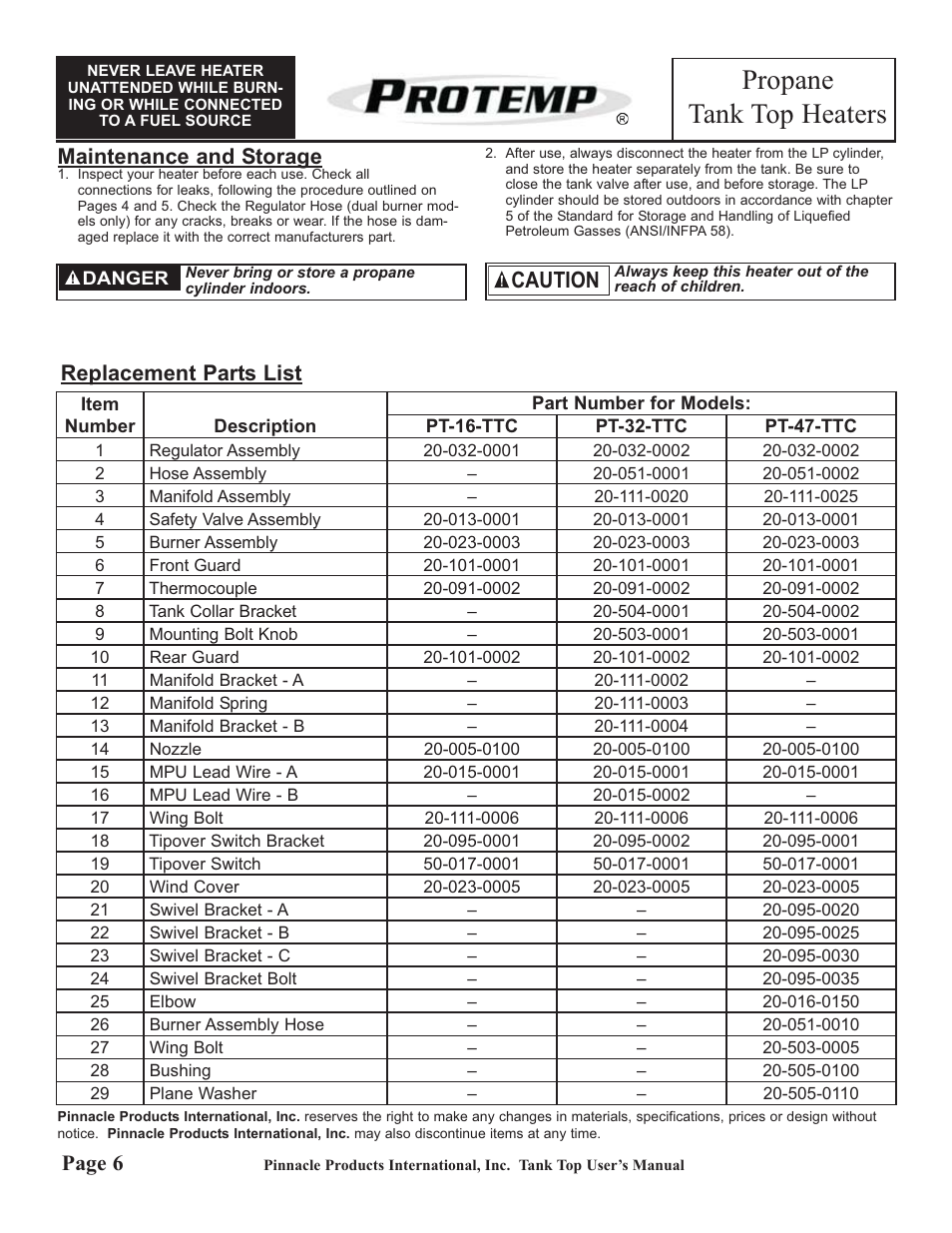 Propane tank top heaters, Caution, Maintenance and storage | Page 6, Replacement parts list | ProTemp PT-47-TTC User Manual | Page 6 / 8