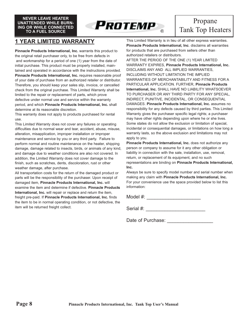 Propane tank top heaters | ProTemp PT-47-TTC User Manual | Page 8 / 8