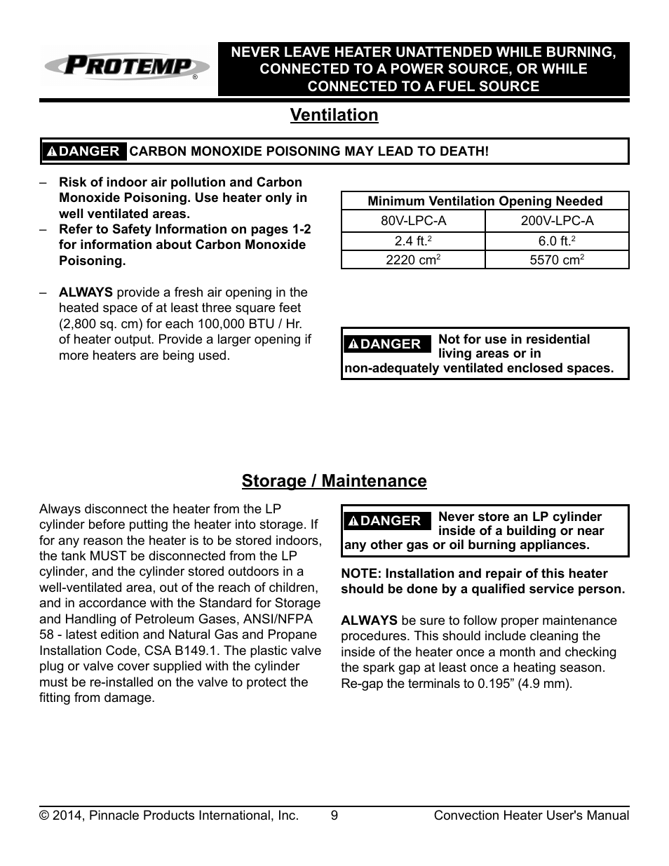Ventilation, Storage / maintenance | ProTemp PT-200V-LPC-A User Manual | Page 10 / 16
