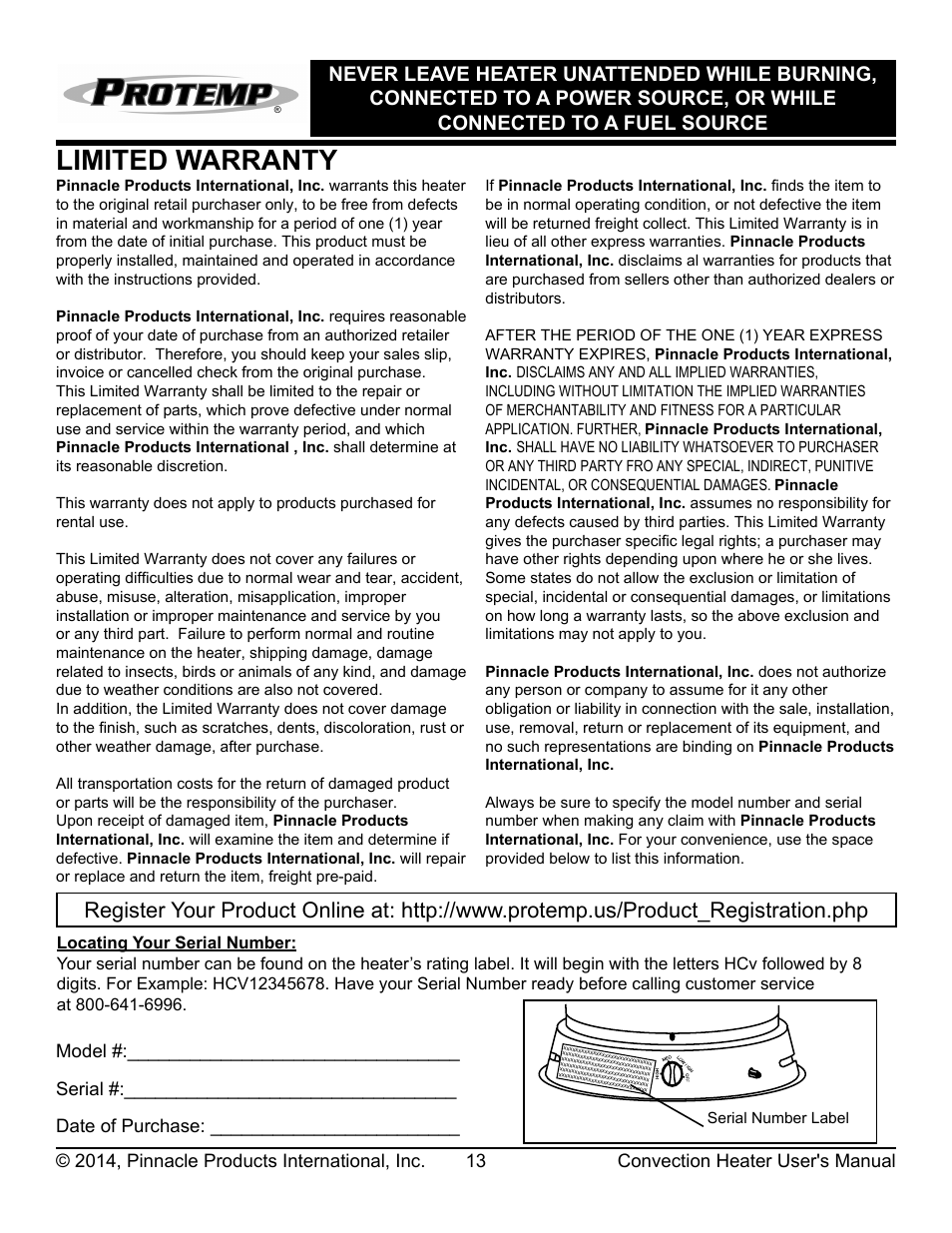 Limited warranty | ProTemp PT-200V-LPC-A User Manual | Page 14 / 16