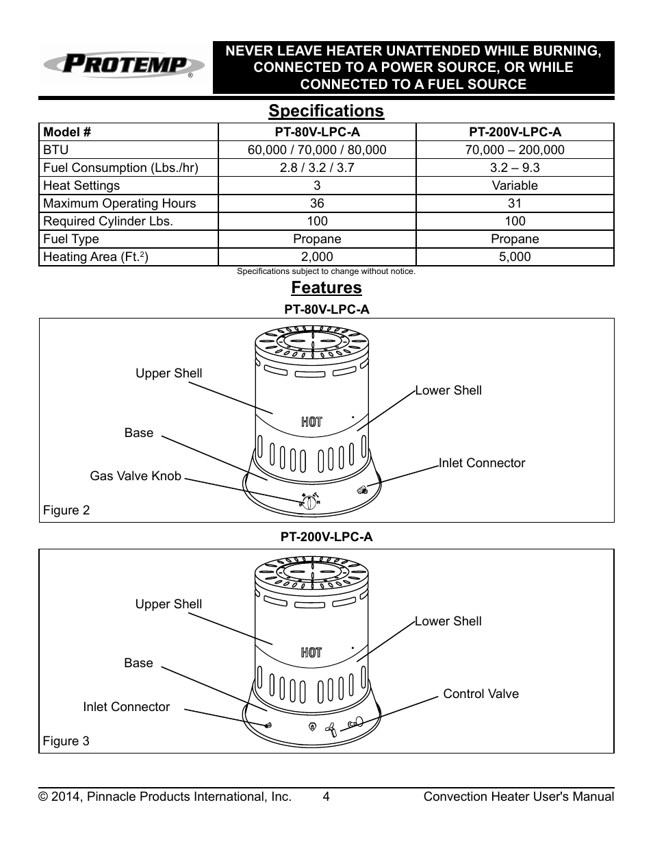Features, Specifications | ProTemp PT-200V-LPC-A User Manual | Page 5 / 16