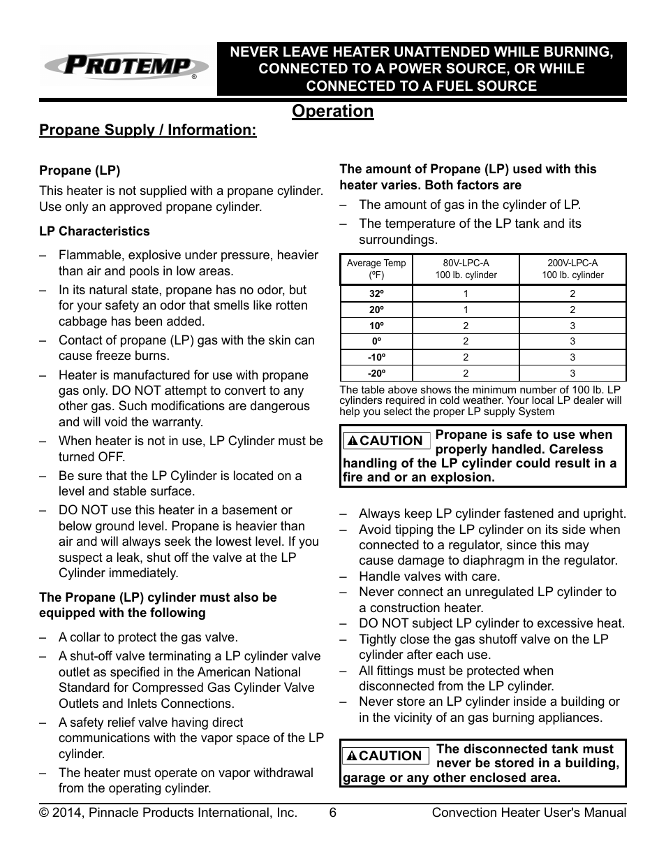 Operation, Propane supply / information | ProTemp PT-200V-LPC-A User Manual | Page 7 / 16