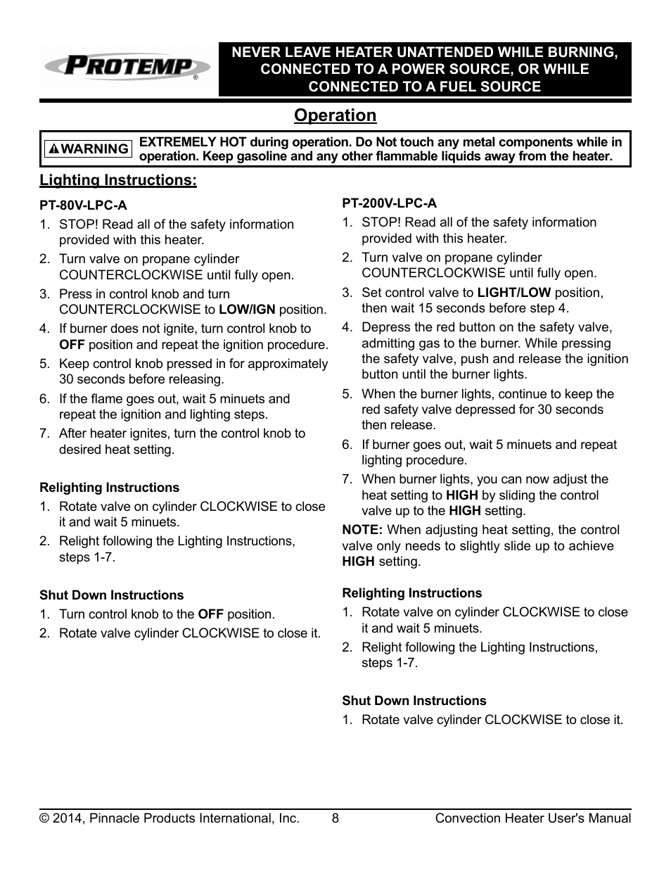 Operation | ProTemp PT-200V-LPC-A User Manual | Page 9 / 16