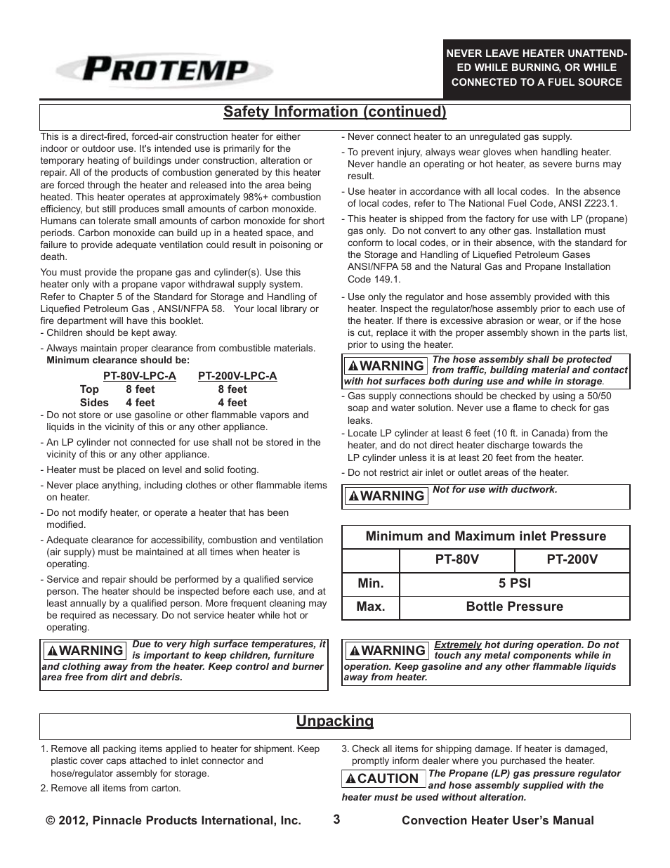 Safety information (continued), Unpacking | ProTemp PT-200V-LPC-A User Manual | Page 3 / 8