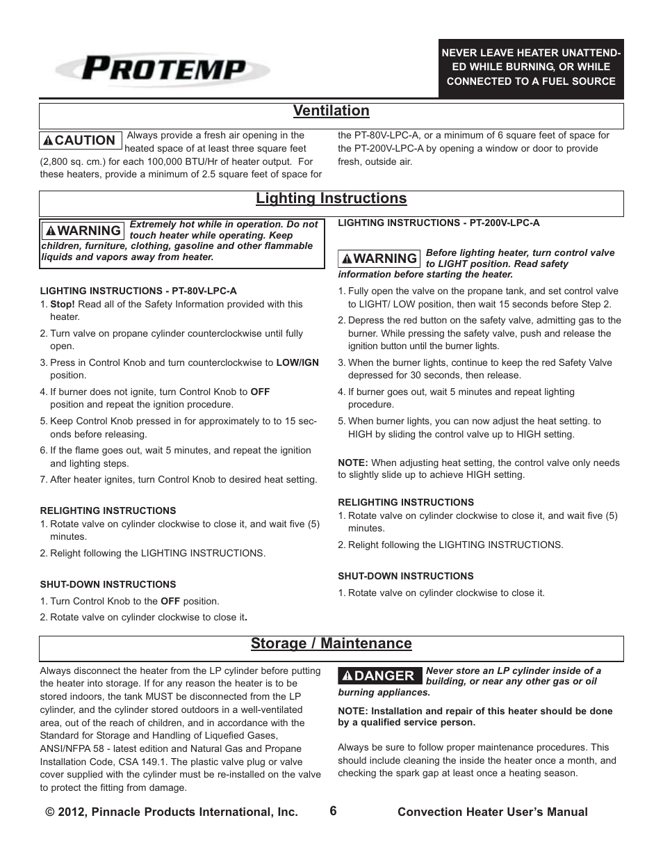 Ventilation, Lighting instructions storage / maintenance | ProTemp PT-200V-LPC-A User Manual | Page 6 / 8