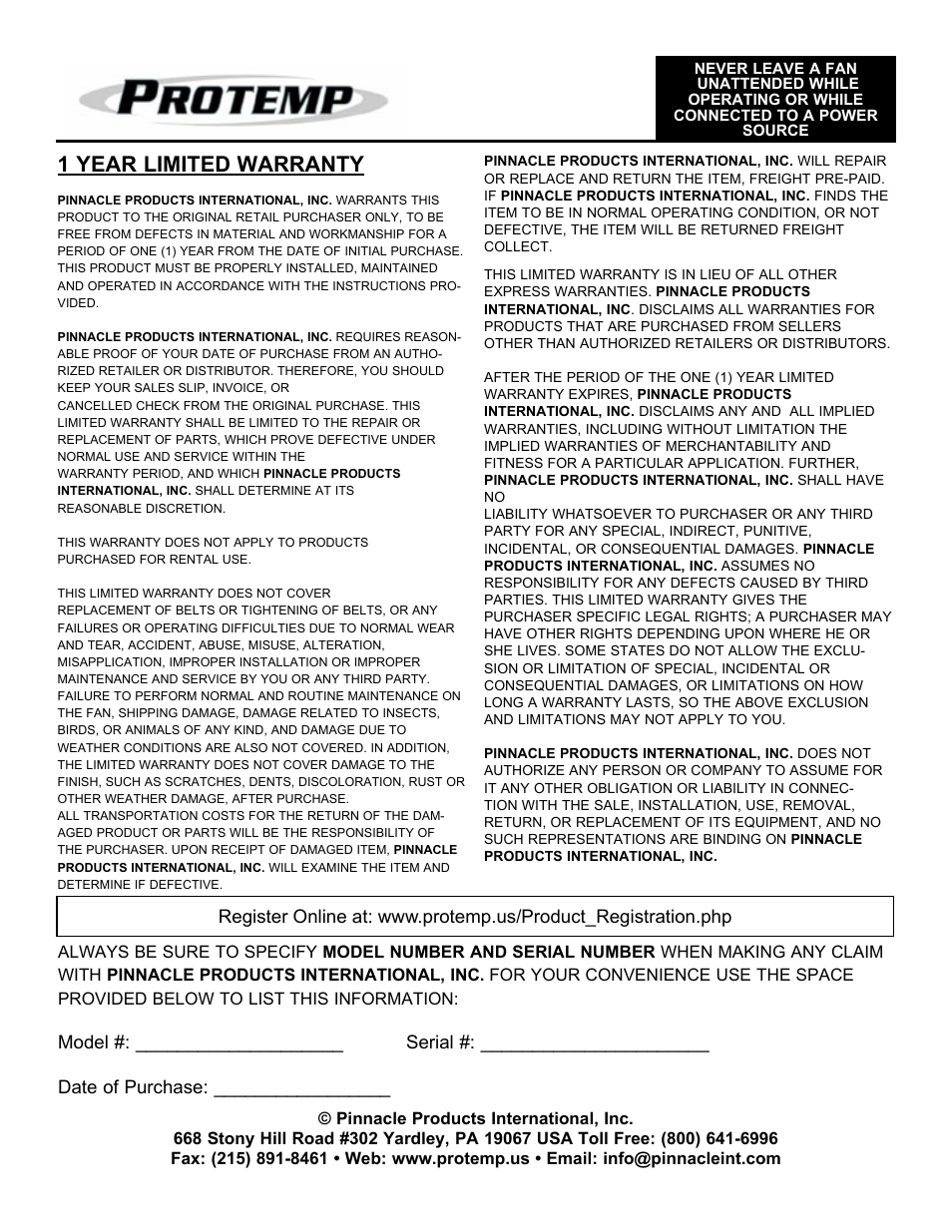 1 year limited warranty | ProTemp PT-48-BDF-A User Manual | Page 8 / 8