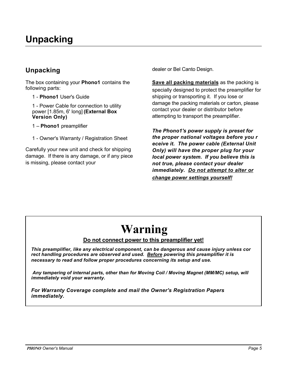 Warning, Unpacking | Bel Canto Design PHONO 1 User Manual | Page 5 / 8