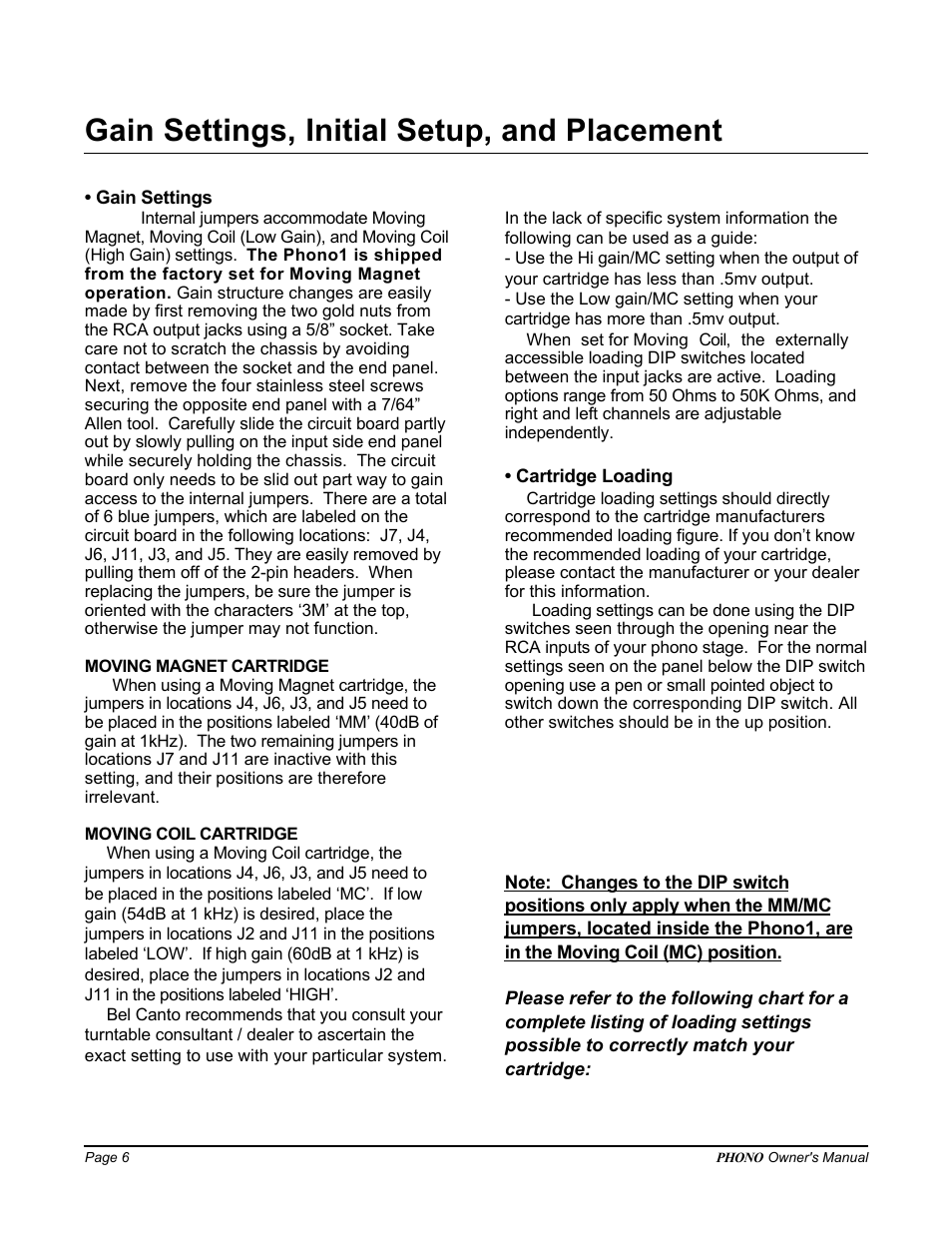 Gain settings, initial setup, and placement | Bel Canto Design PHONO 1 User Manual | Page 6 / 8