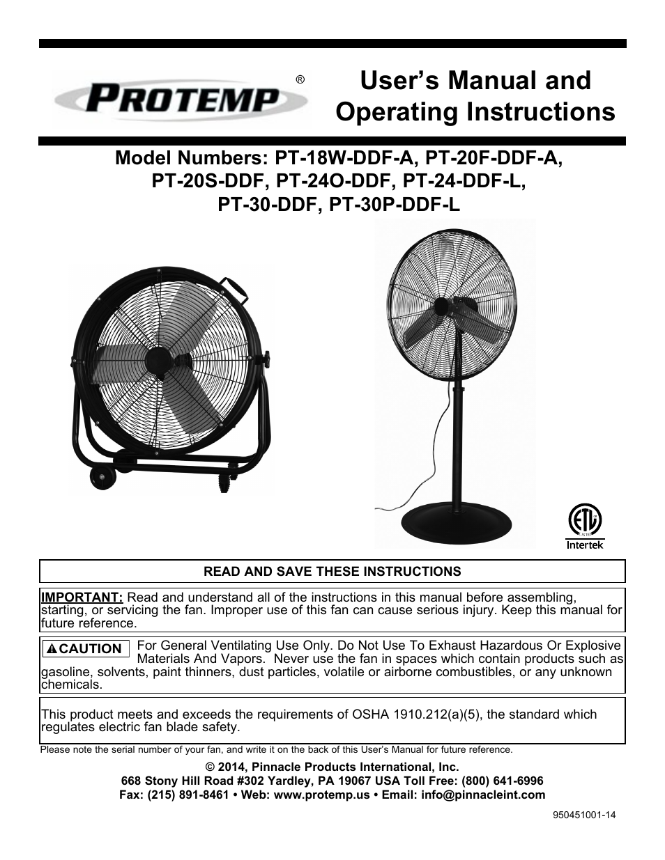 ProTemp PT-30P-DDF-A User Manual | 20 pages