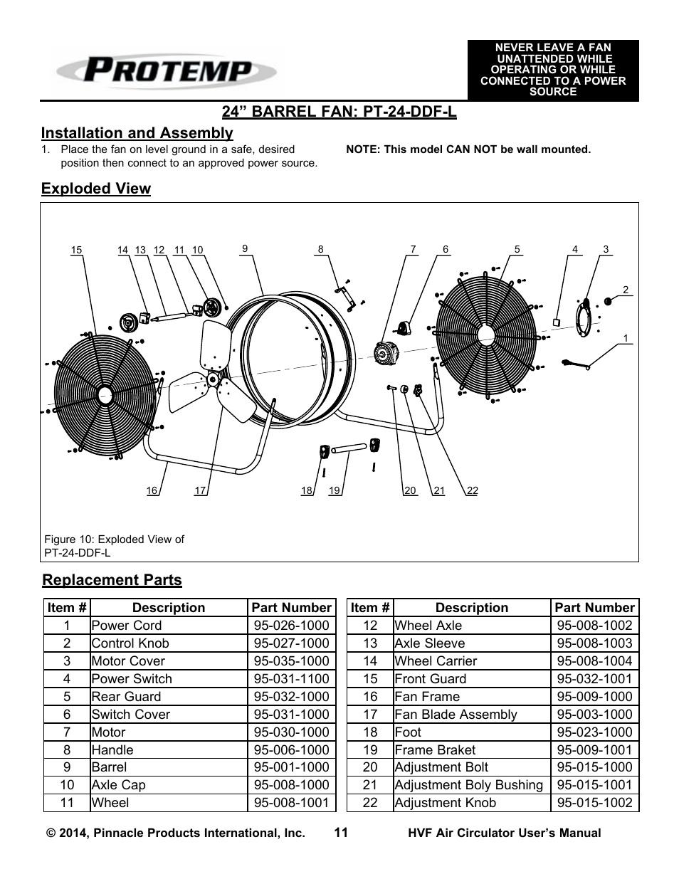 Replacement parts exploded view | ProTemp PT-30P-DDF-A User Manual | Page 11 / 20
