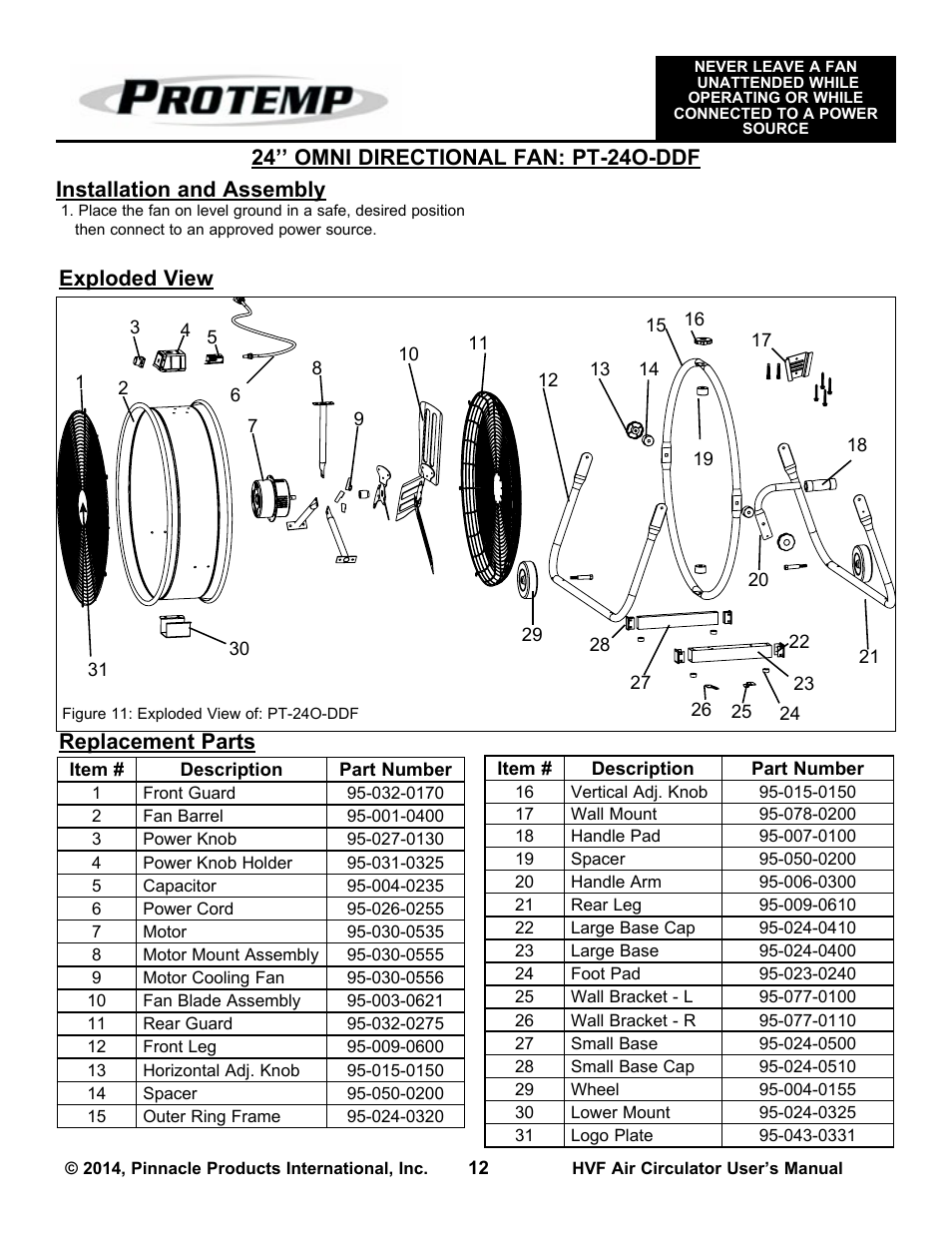 Exploded view, Installation and assembly | ProTemp PT-30P-DDF-A User Manual | Page 12 / 20