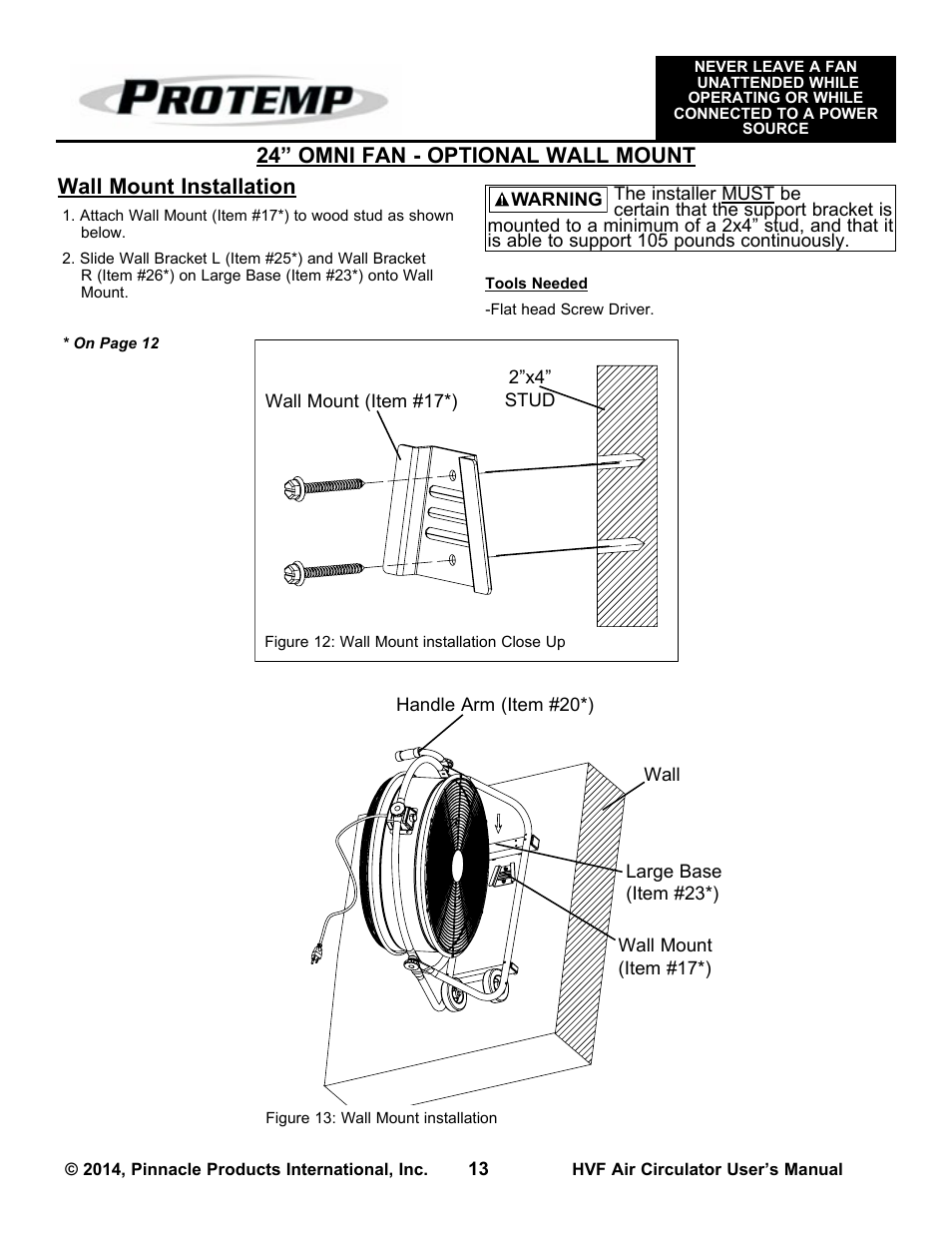 24” omni fan - optional wall mount, Wall mount installation | ProTemp PT-30P-DDF-A User Manual | Page 13 / 20