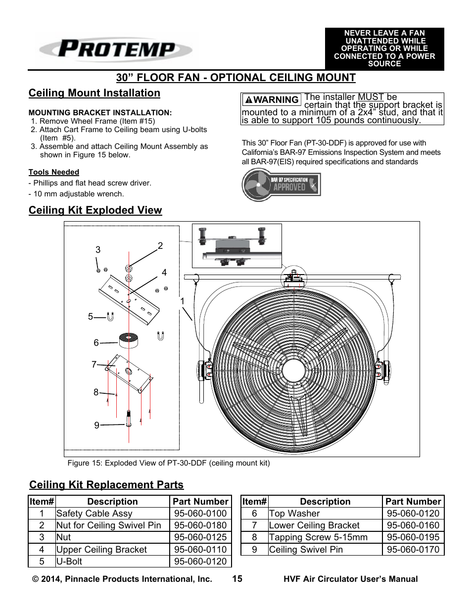 Ceiling kit replacement parts, Ceiling kit exploded view | ProTemp PT-30P-DDF-A User Manual | Page 15 / 20
