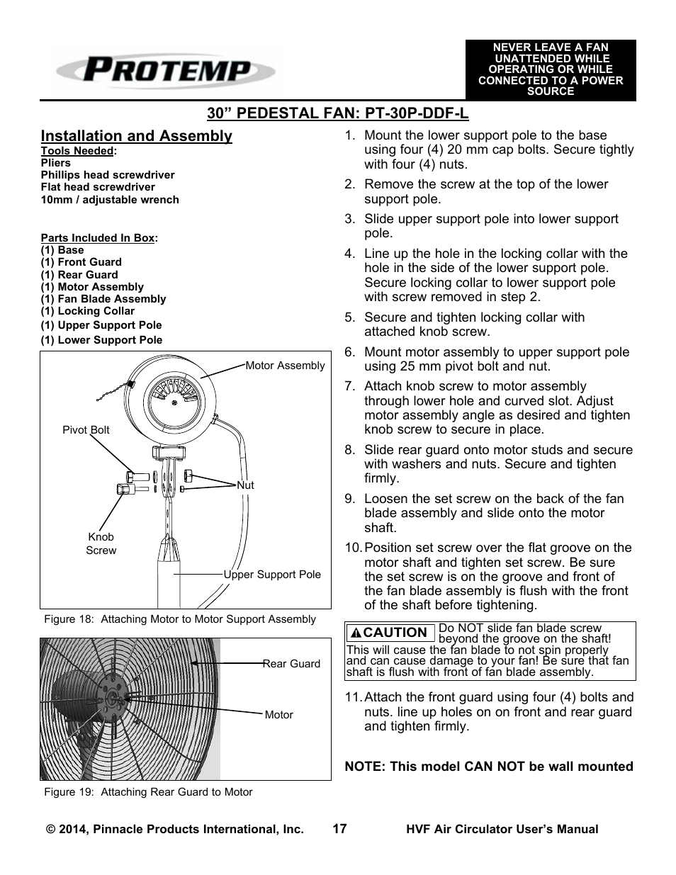 Installation and assembly, 30” pedestal fan: pt-30p-ddf-l | ProTemp PT-30P-DDF-A User Manual | Page 17 / 20