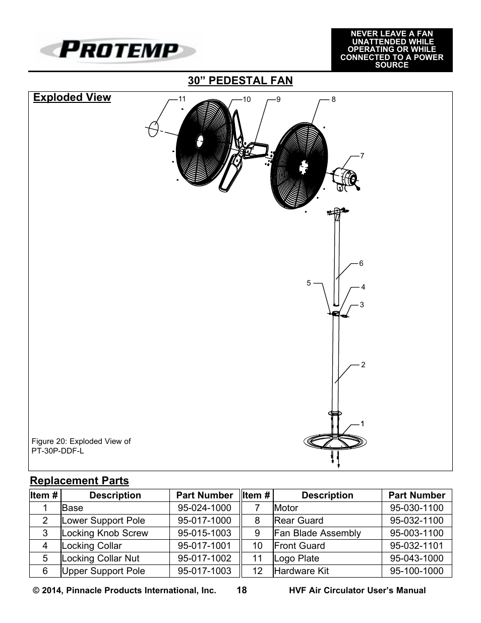 30” pedestal fan, Replacement parts, Exploded view | ProTemp PT-30P-DDF-A User Manual | Page 18 / 20