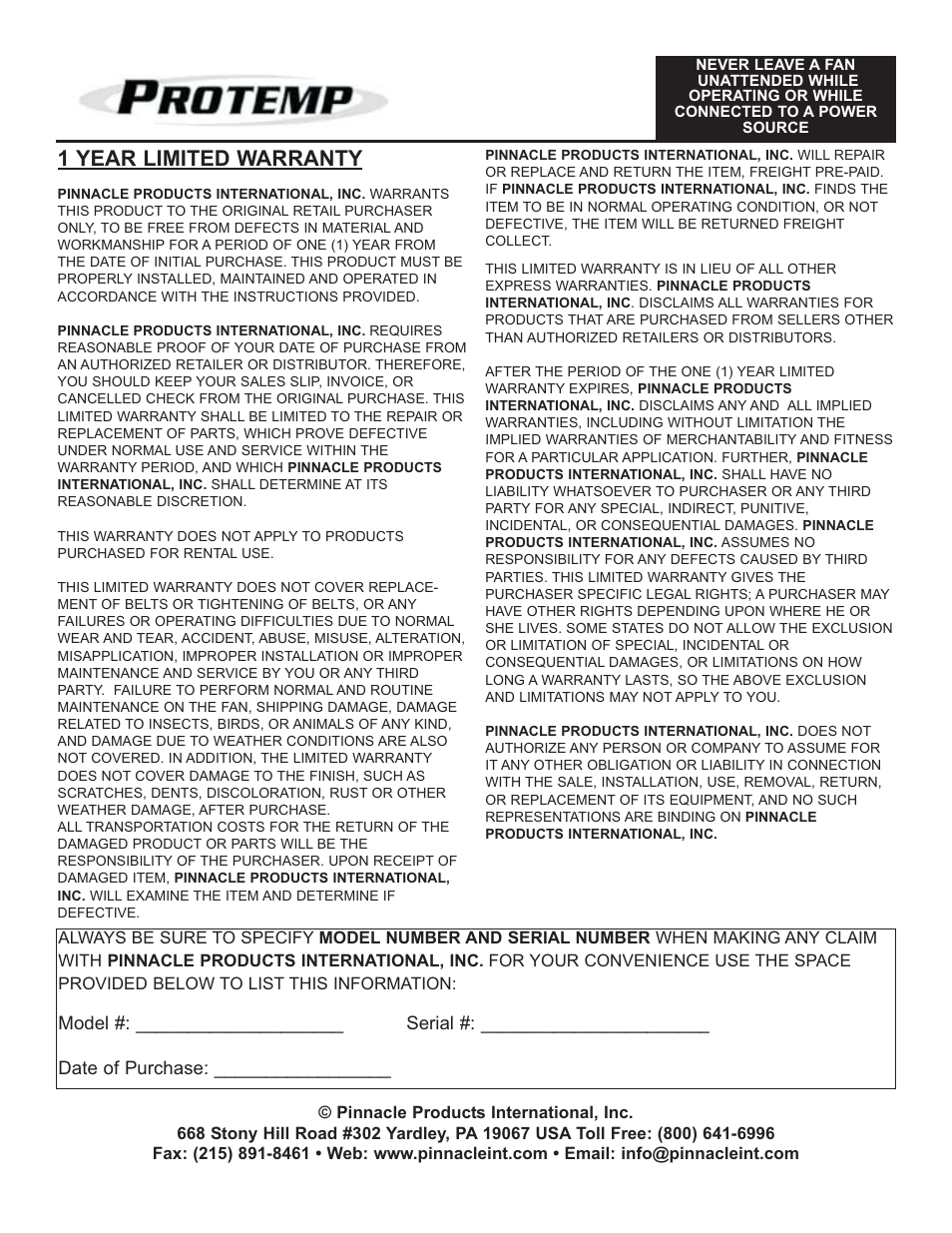 1 year limited warranty | ProTemp PT-30P-DDF-A User Manual | Page 12 / 12