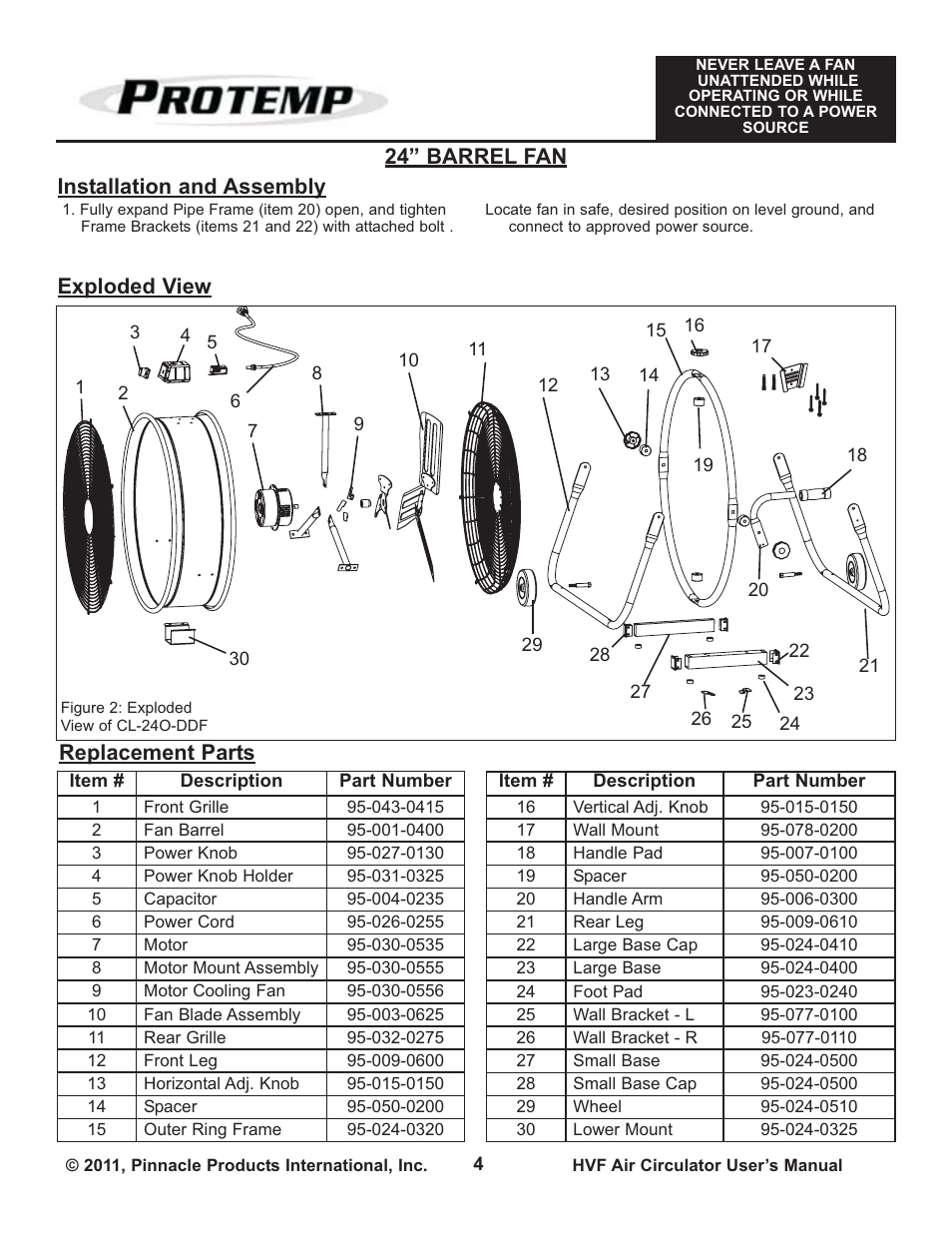 24” barrel fan installation and assembly, Replacement parts, Exploded view | ProTemp PT-30P-DDF-A User Manual | Page 4 / 12