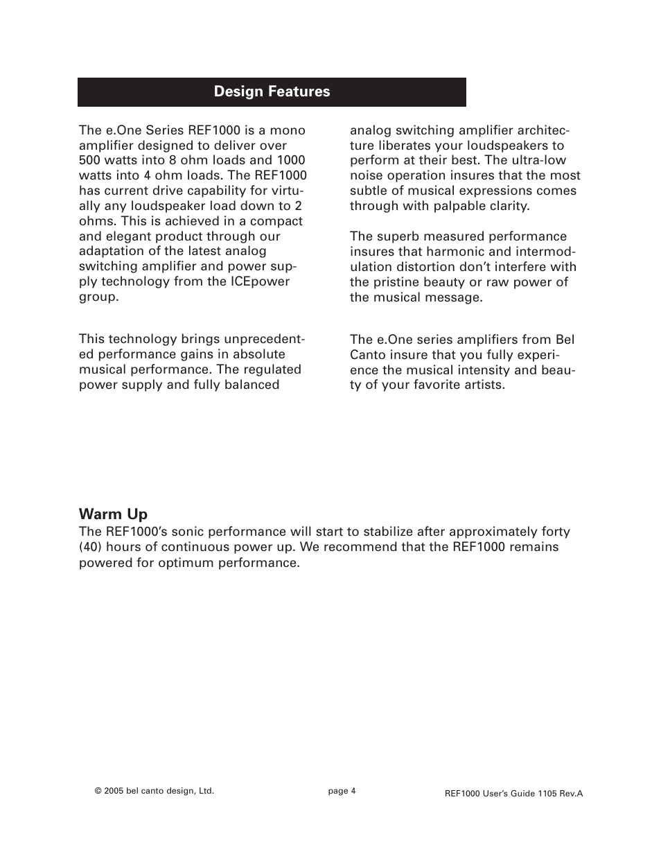 Warm up, Design features | Bel Canto Design REF1000 User Manual | Page 4 / 9