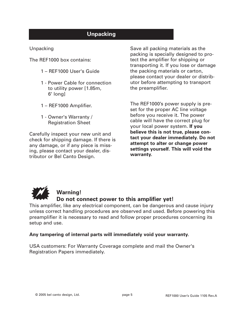 Unpacking | Bel Canto Design REF1000 User Manual | Page 5 / 9