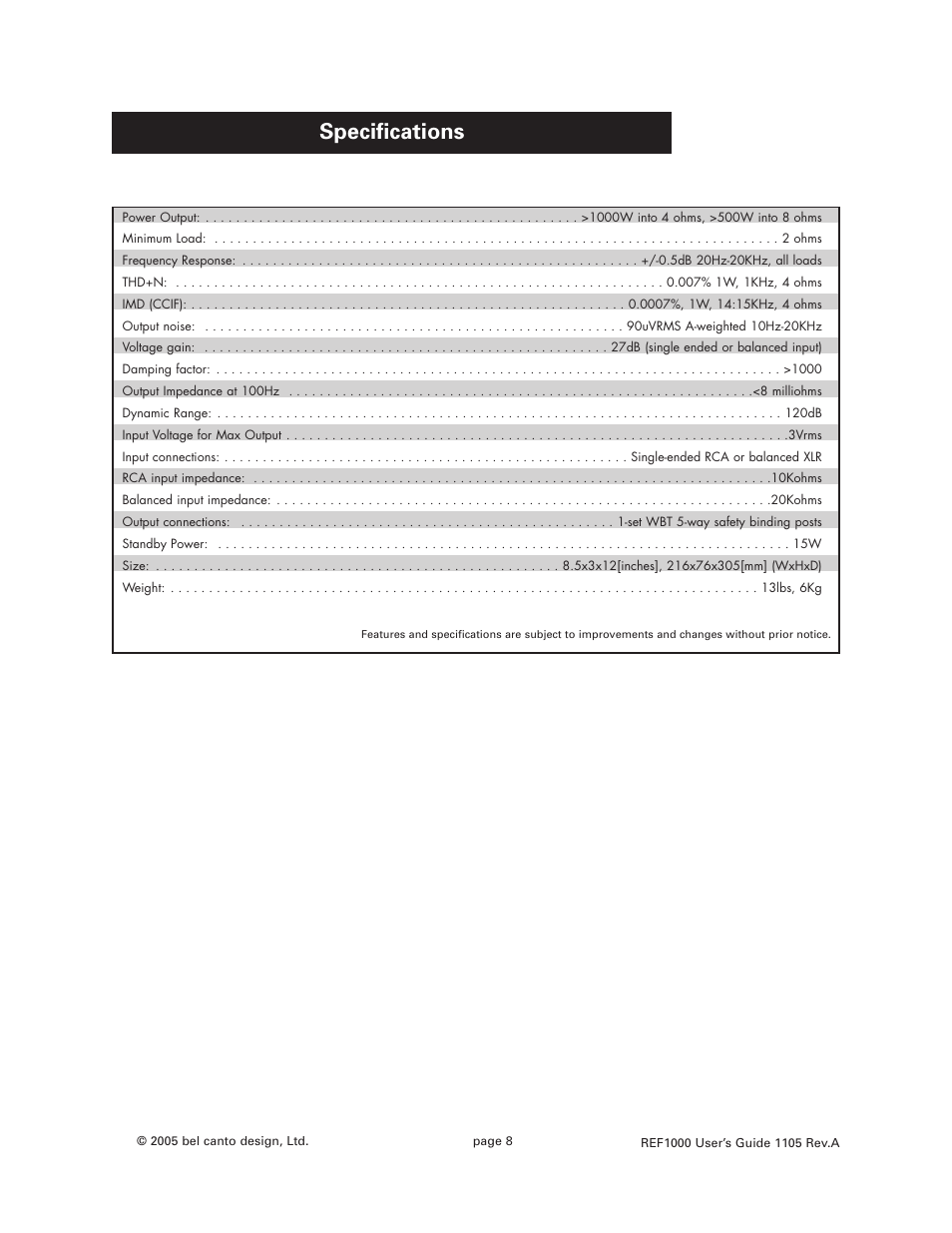 Specifications | Bel Canto Design REF1000 User Manual | Page 8 / 9