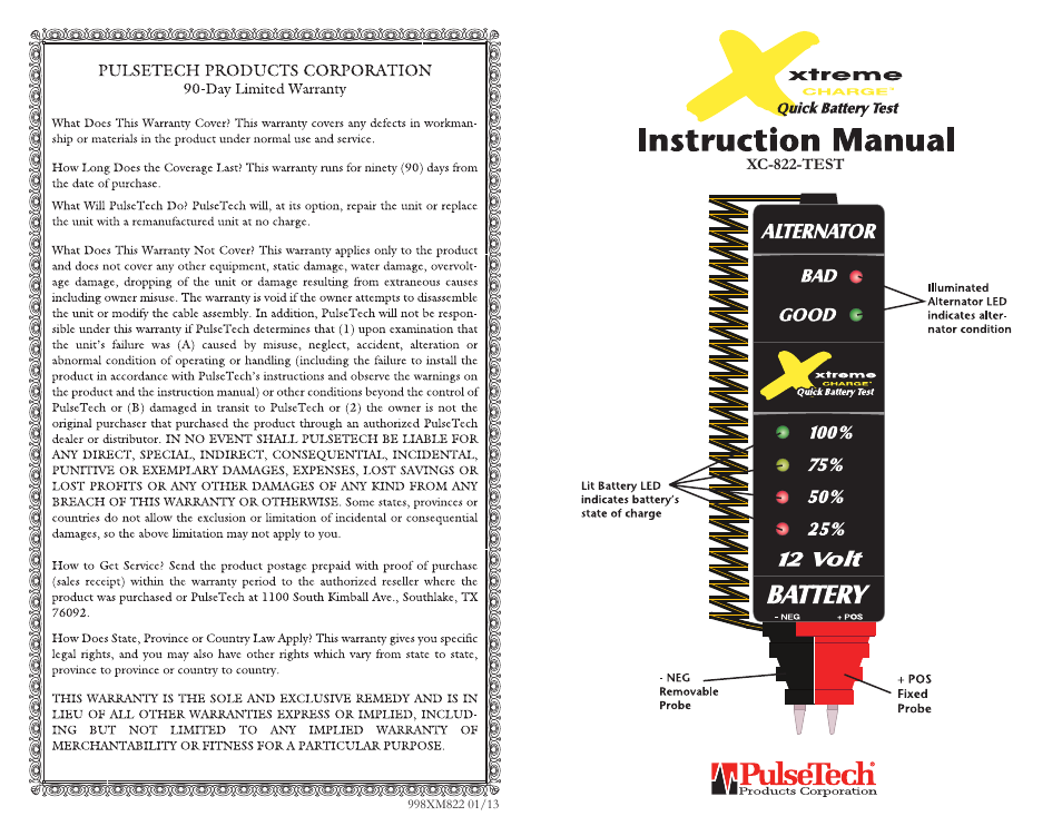 PulseTech XC-822-TEST 12V Battery & Alternator Tester (100X822) User Manual | 2 pages