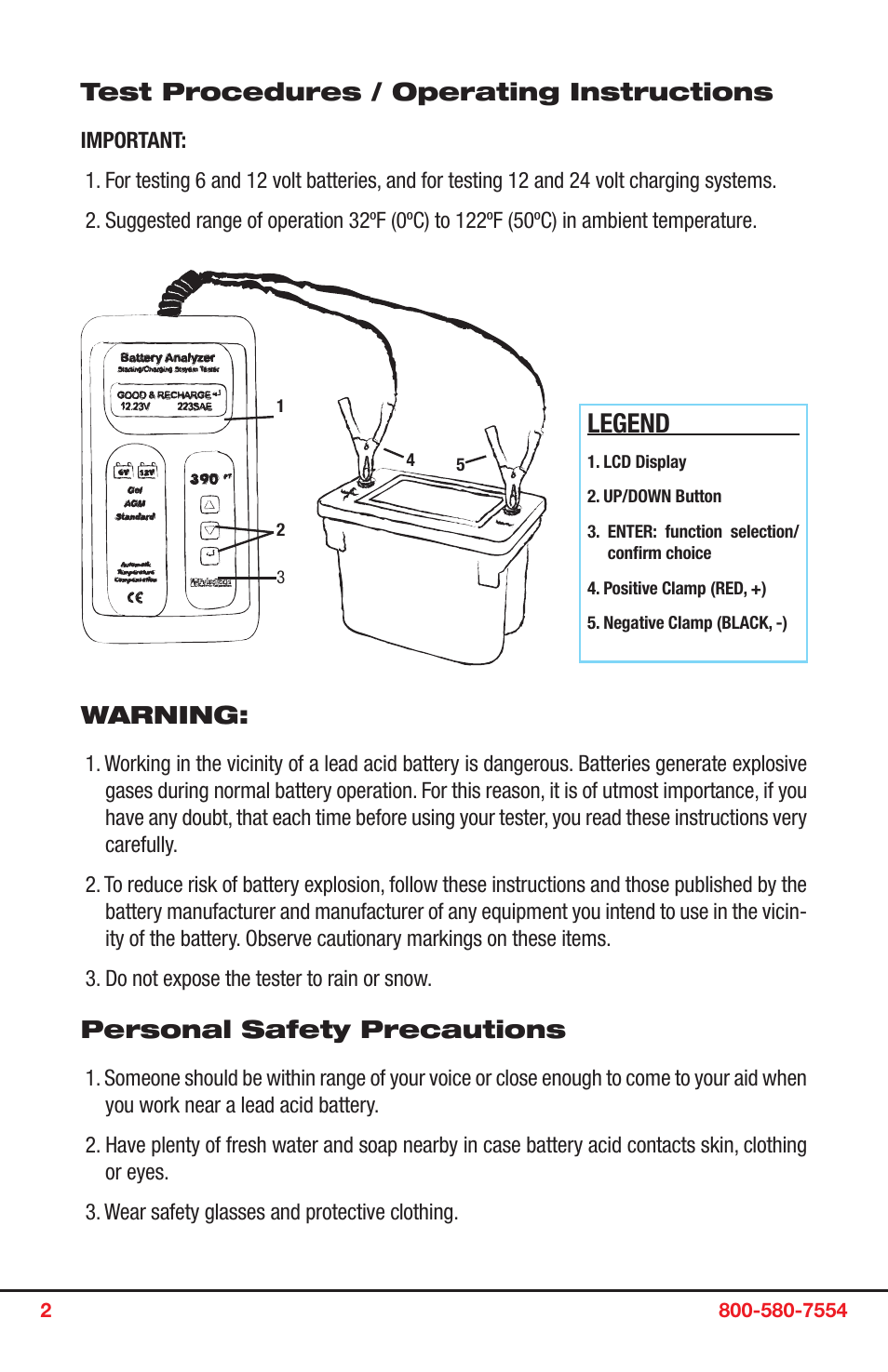 Legend, Test procedures / operating instructions, Warning | Personal safety precautions | PulseTech 390PT 6V and 12V Battery Tester (741X390) User Manual | Page 2 / 9