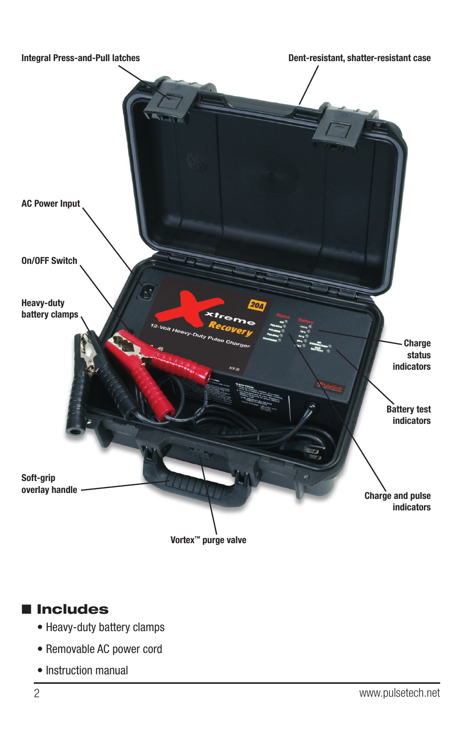 Includes | PulseTech XCR-20 Battery Recovery Charger & Desulfator (100X500) User Manual | Page 2 / 8