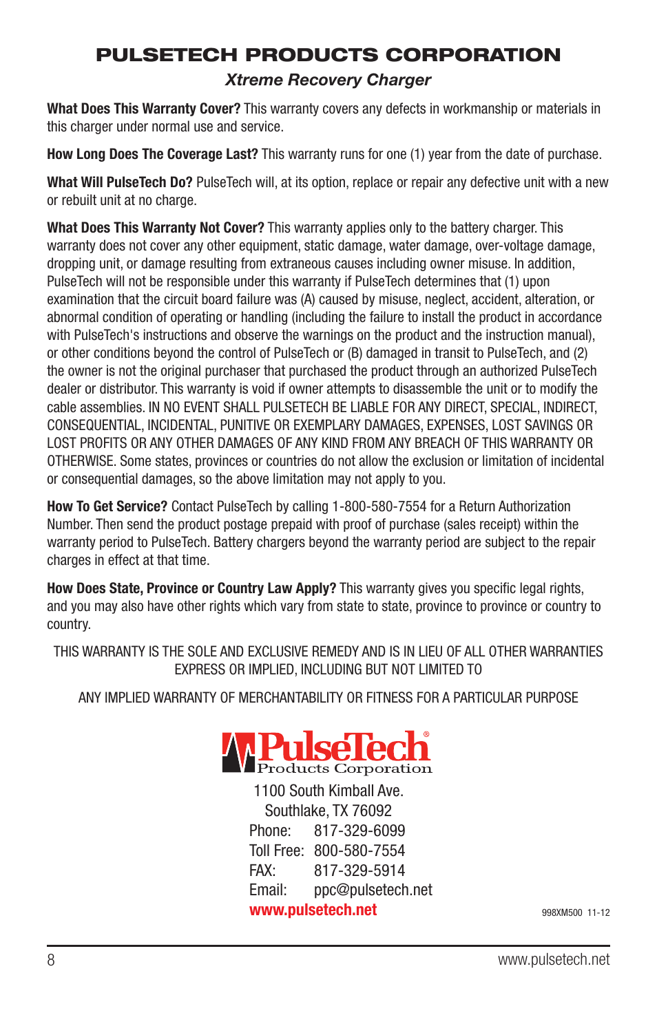 PulseTech XCR-20 Battery Recovery Charger & Desulfator (100X500) User Manual | Page 8 / 8