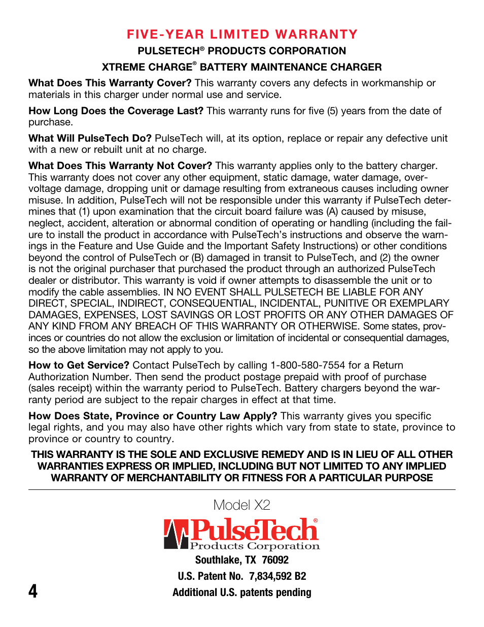 Model x2 | PulseTech X2 Xtreme Charge 2-Station Battery Charger, Maintainer & Desulfator (100X200) User Manual | Page 6 / 8