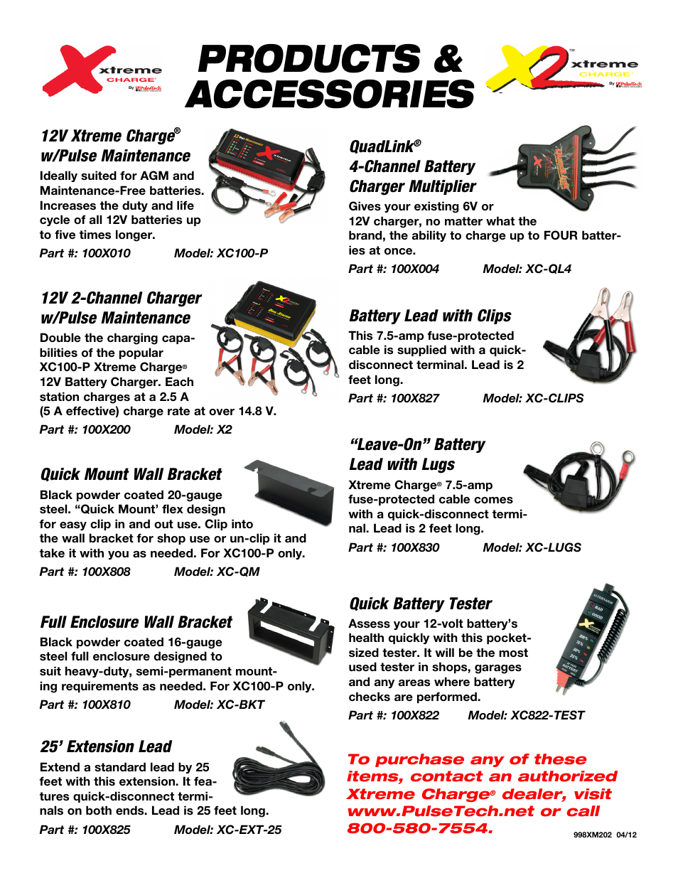 Products & accessories, Full enclosure wall bracket, 25’ extension lead | Quick battery tester, Battery lead with clips, Leave-on” battery lead with lugs, 12v xtreme charge, W/pulse maintenance, 12v 2-channel charger w/pulse maintenance, Quick mount wall bracket | PulseTech X2 Xtreme Charge 2-Station Battery Charger, Maintainer & Desulfator (100X200) User Manual | Page 8 / 8