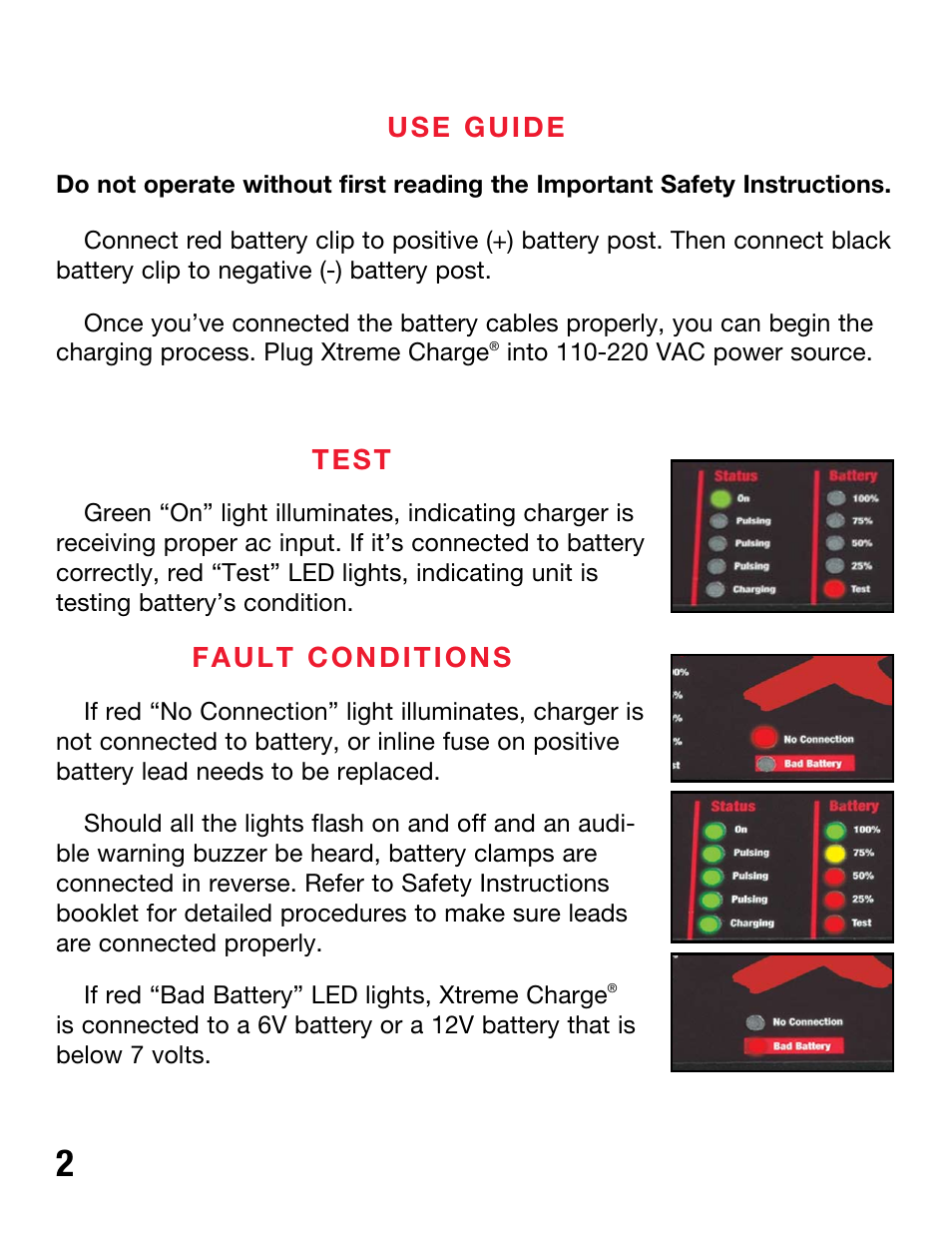 Use guide, Test, Fault conditions | PulseTech XC100-P Xtreme Charge Battery Charger, Maintainer & Desulfator (100X010) User Manual | Page 4 / 8