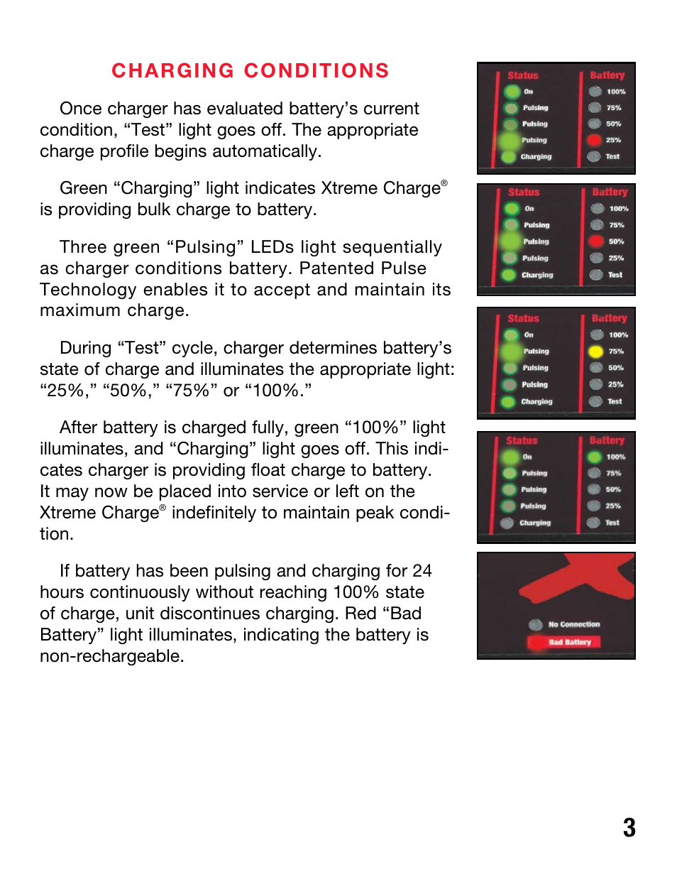Charging conditions | PulseTech XC100-P Xtreme Charge Battery Charger, Maintainer & Desulfator (100X010) User Manual | Page 5 / 8