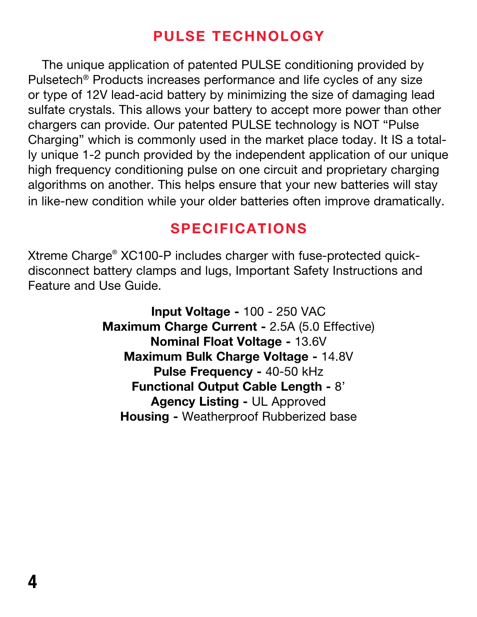 Pulse technology, Specifications | PulseTech XC100-P Xtreme Charge Battery Charger, Maintainer & Desulfator (100X010) User Manual | Page 6 / 8