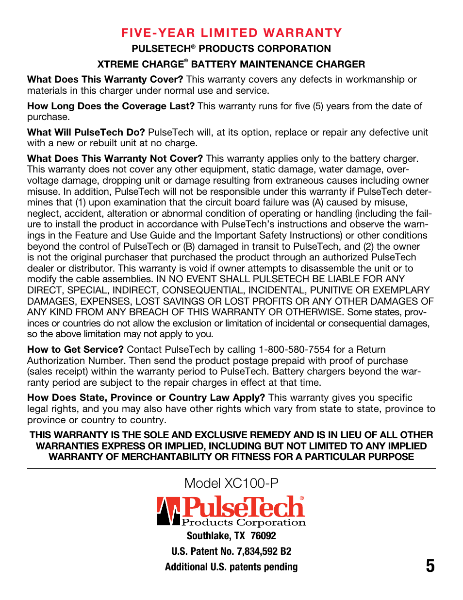 Model xc100-p, Five-year limited warranty | PulseTech XC100-P Xtreme Charge Battery Charger, Maintainer & Desulfator (100X010) User Manual | Page 7 / 8