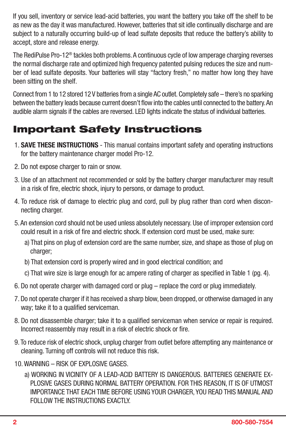 Important safety instructions | PulseTech PRO12 12-Station Battery Maintainer (746X912) User Manual | Page 2 / 6