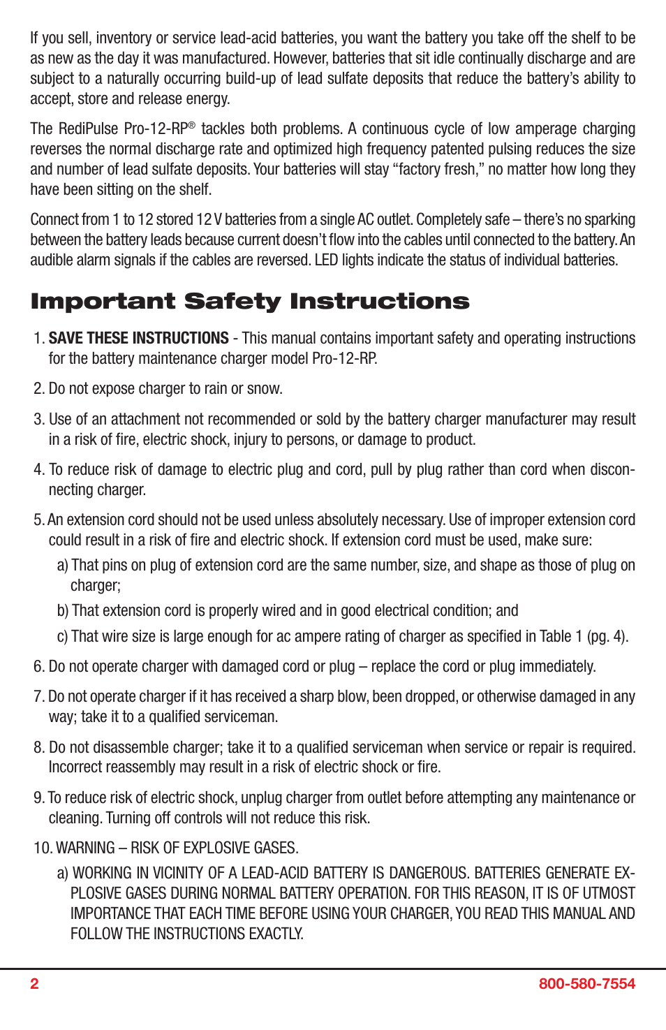 Important safety instructions | PulseTech PRO-12-RP 12-Station Battery Maintenance System (746X915) User Manual | Page 2 / 6