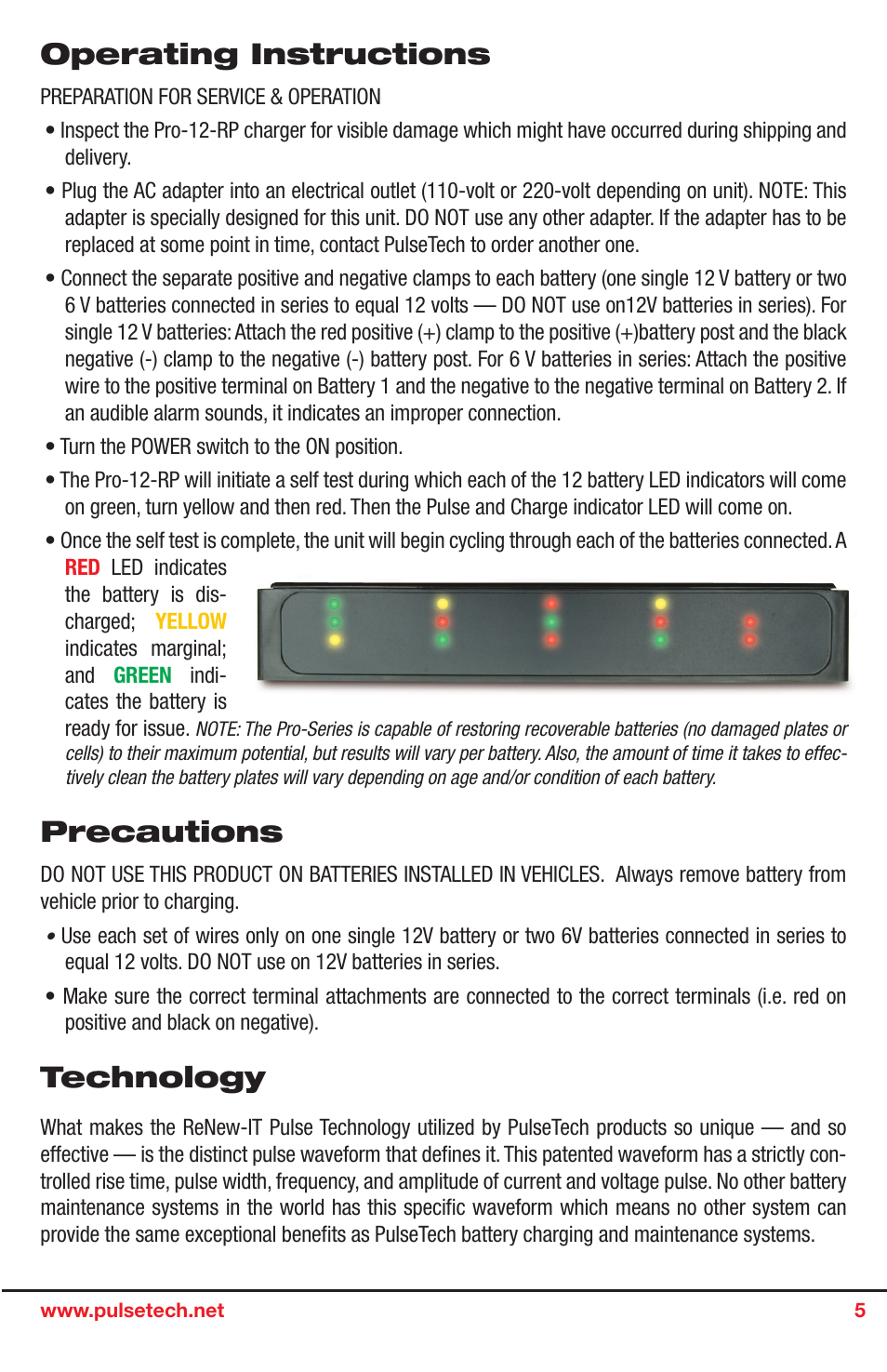 Operating instructions, Precautions, Technology | PulseTech PRO-12-RP 12-Station Battery Maintenance System (746X915) User Manual | Page 5 / 6