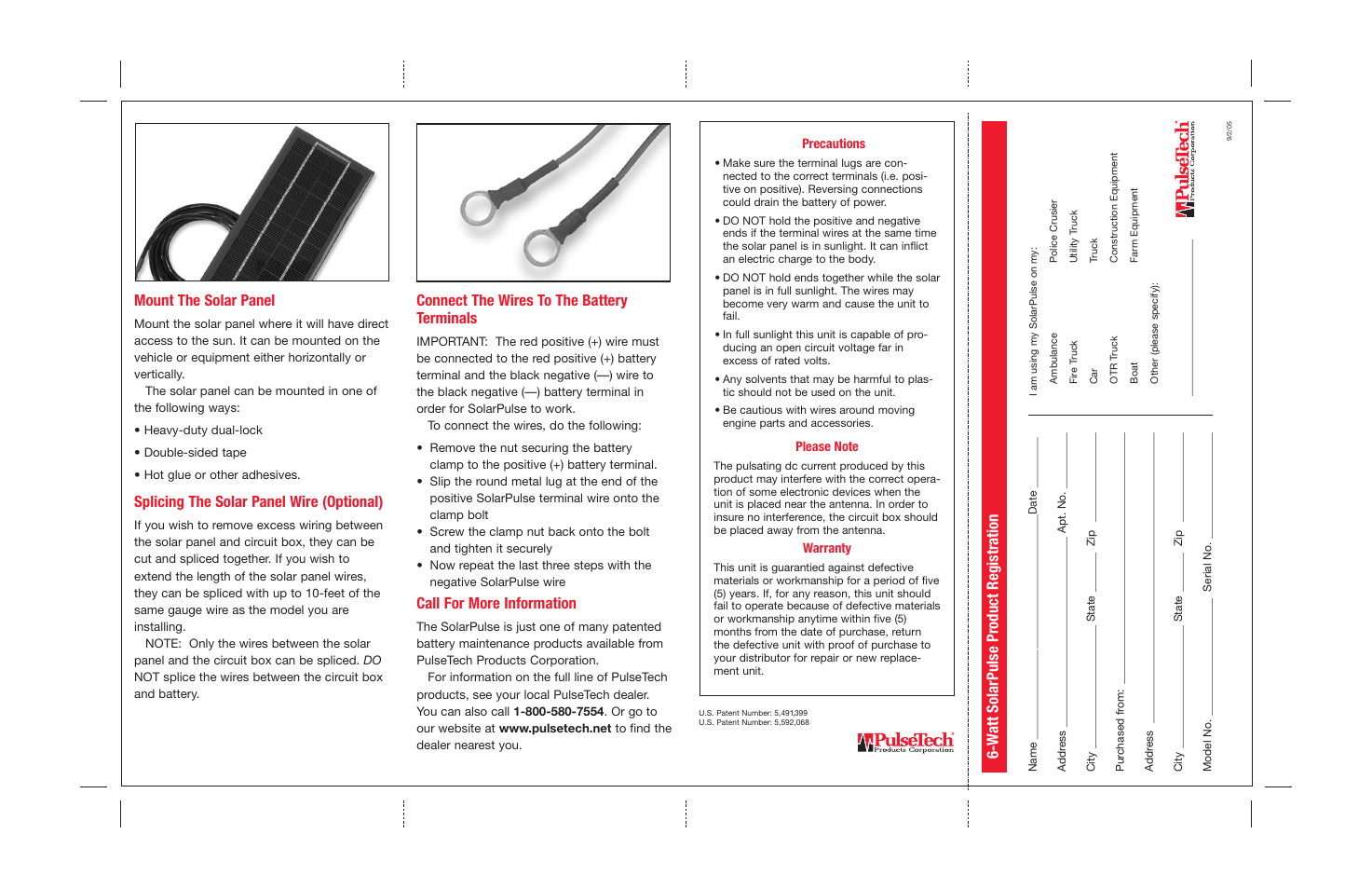 Mount the solar panel, Splicing the solar panel wire (optional), Connect the wires to the battery terminals | Call for more information, W att solarpulse product registration | PulseTech ERV 6-Watt 12V Solar Battery Charger Maintainer (735X613) User Manual | Page 2 / 2