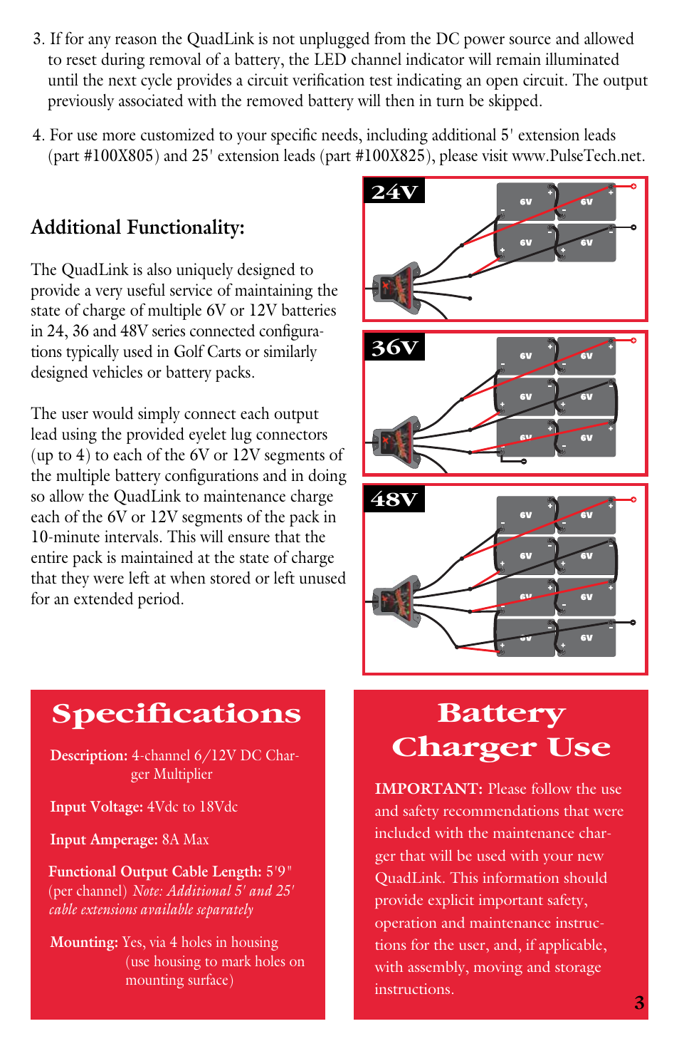 Specifi cations battery charger use | PulseTech QuadLink 4-Channel Battery Charge Distribution System (100X004) User Manual | Page 5 / 8