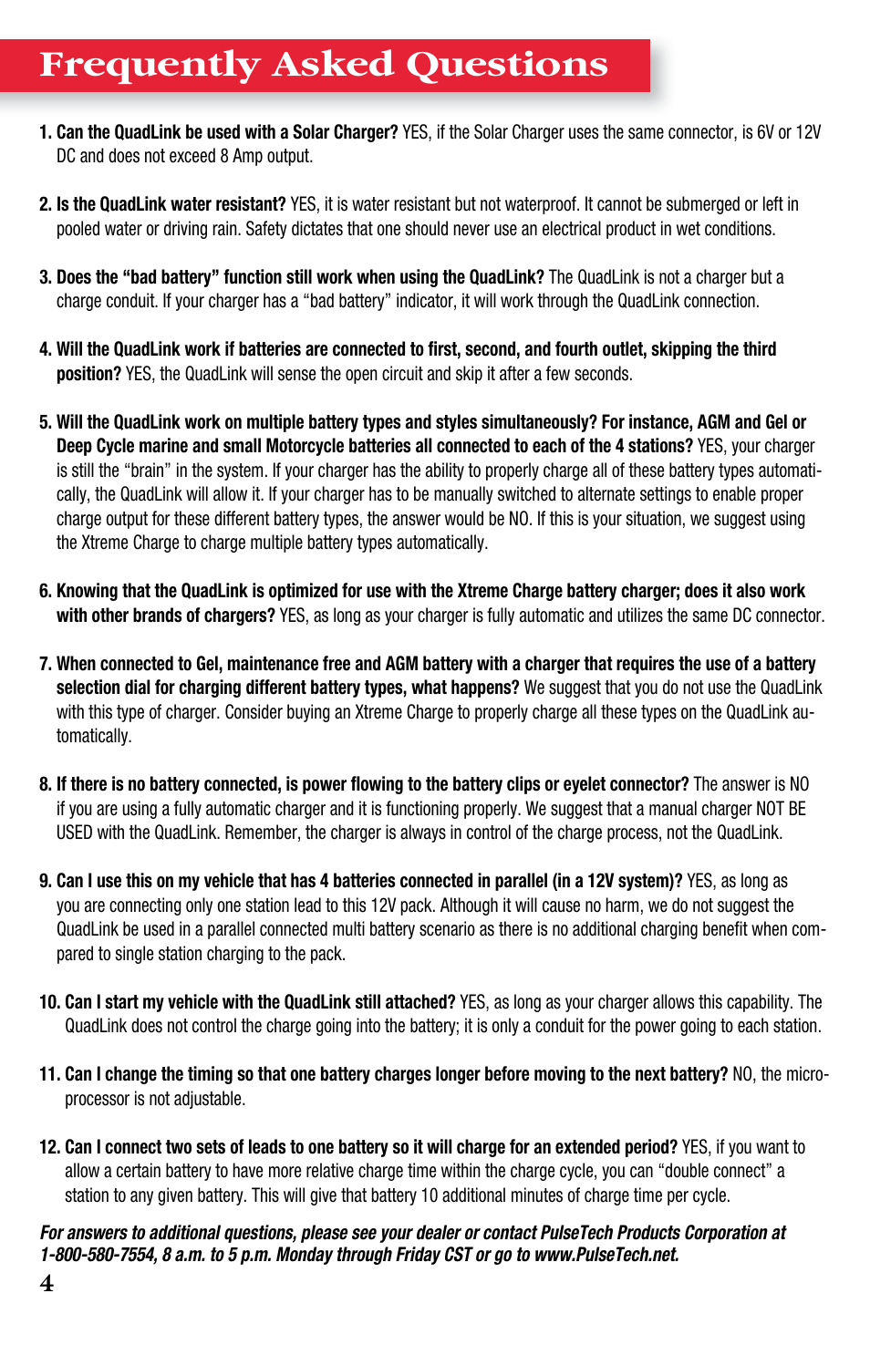 Frequently asked questions | PulseTech QuadLink 4-Channel Battery Charge Distribution System (100X004) User Manual | Page 6 / 8