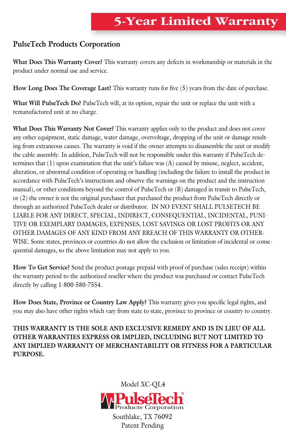 Year limited warranty | PulseTech QuadLink 4-Channel Battery Charge Distribution System (100X004) User Manual | Page 7 / 8