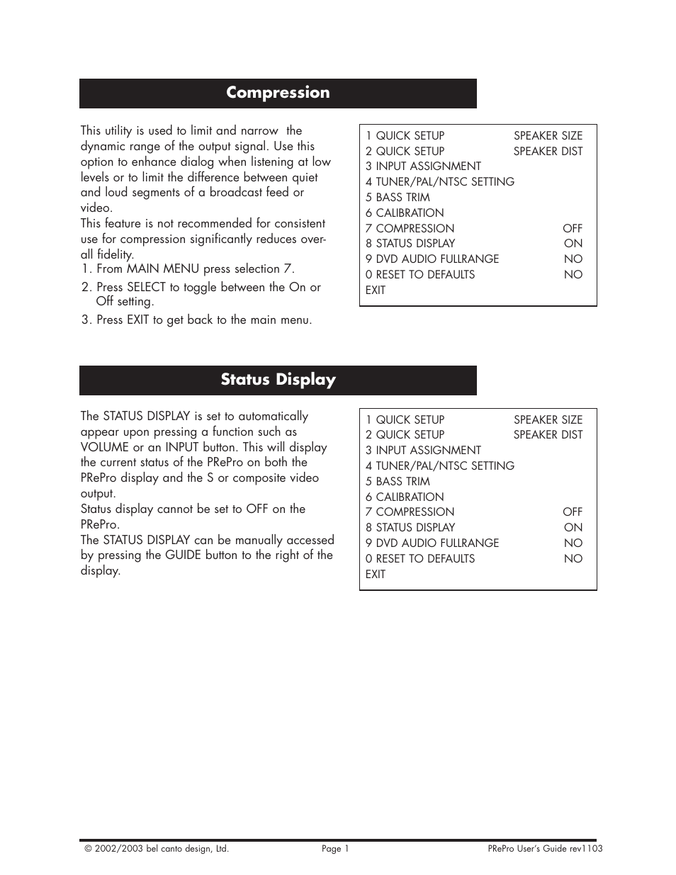 Compression, Status display | Bel Canto Design PRePro User Manual | Page 11 / 34