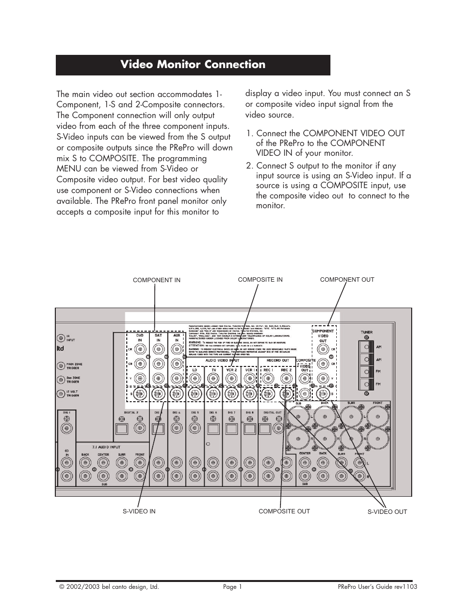 Video monitor connection | Bel Canto Design PRePro User Manual | Page 15 / 34